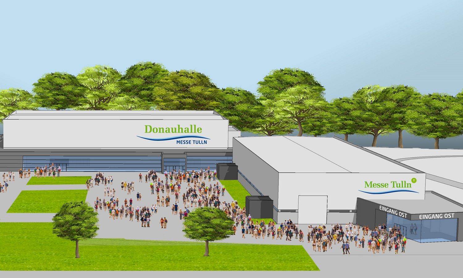 Illustration der neuen Donauhalle der Messe Tulln mit vielen Menschen davor.