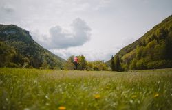 Ein malerischer Radweg schlängelt sich entlang eines sanft plätschernden Baches, umgeben von üppigem Grün und blühenden Wiesen. Die klare Luft und die strahlende Sonne laden dazu ein, die Schönheit der Natur zu genießen und die Seele baumeln zu lassen.