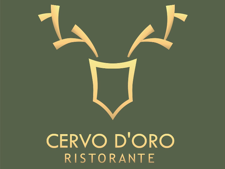 Logo des Restaurants Cervo D'oro mit goldenen Hirschgeweih und Schriftzug auf grünem Hintergrund.