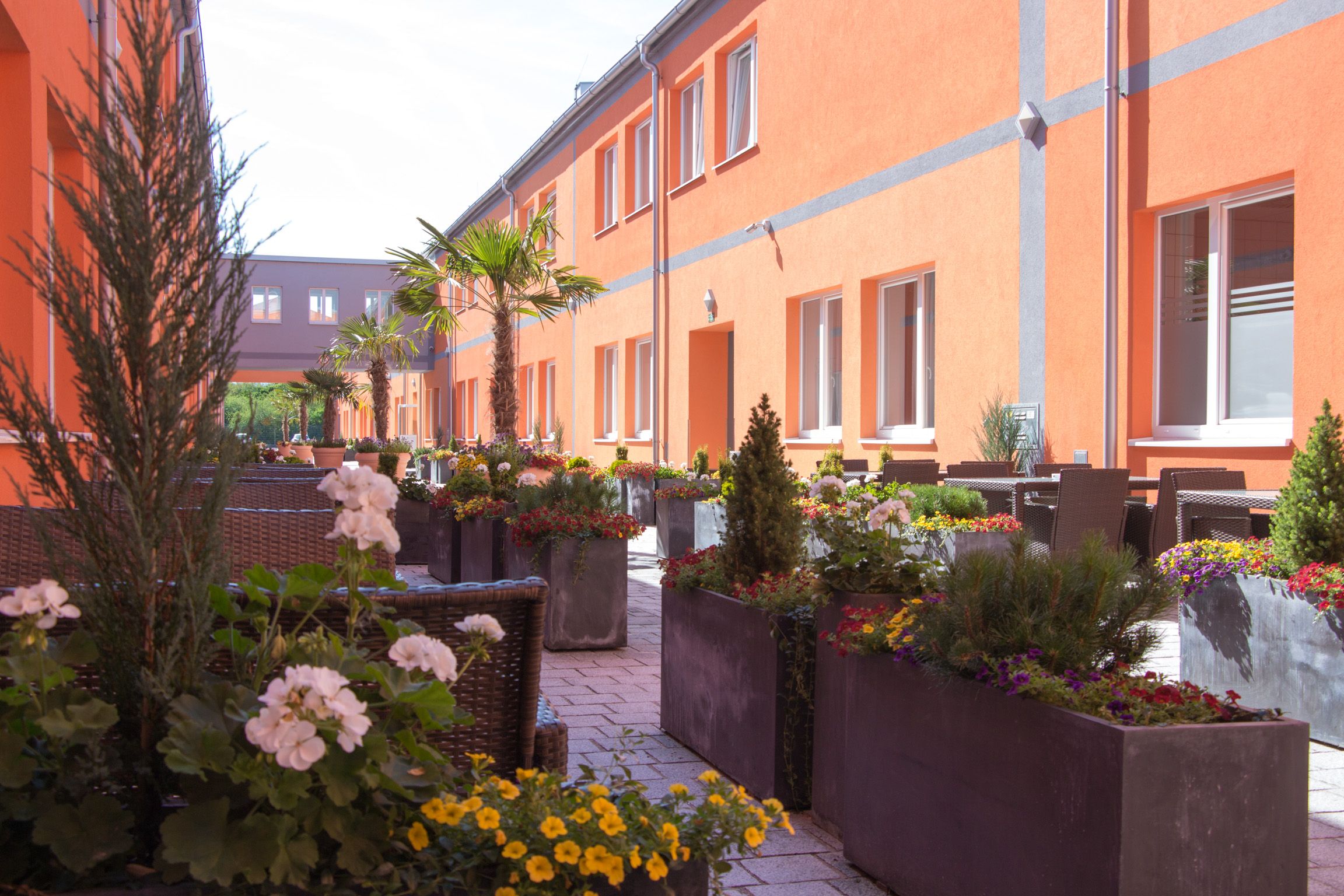 Ein sonniger Gastgarten mit orangen Gebäuden, Palmen und bunten Blumen in großen Pflanzkübeln.