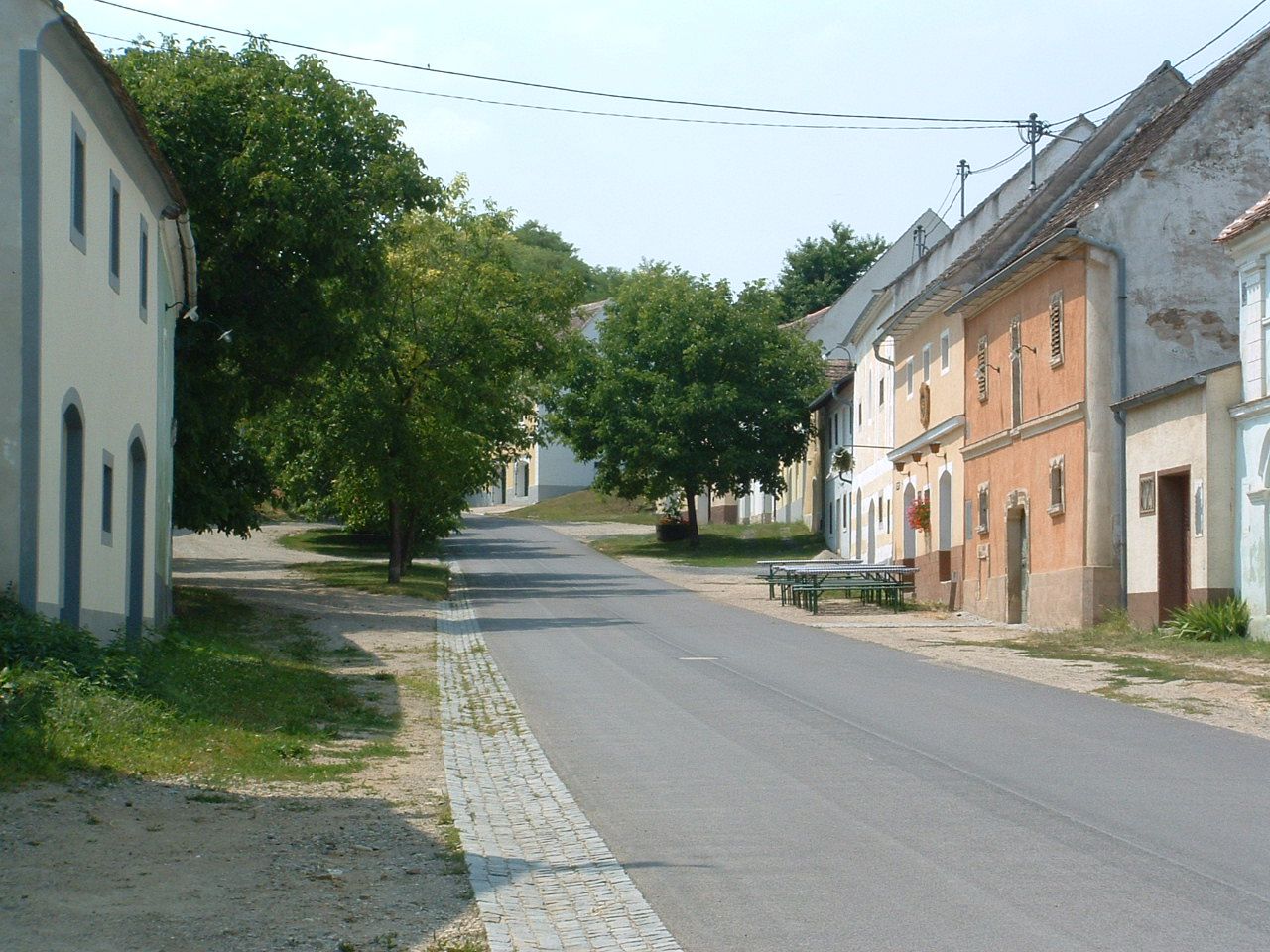 Straße mit traditionellen Gebäuden und Bäumen in einer ländlichen Umgebung.