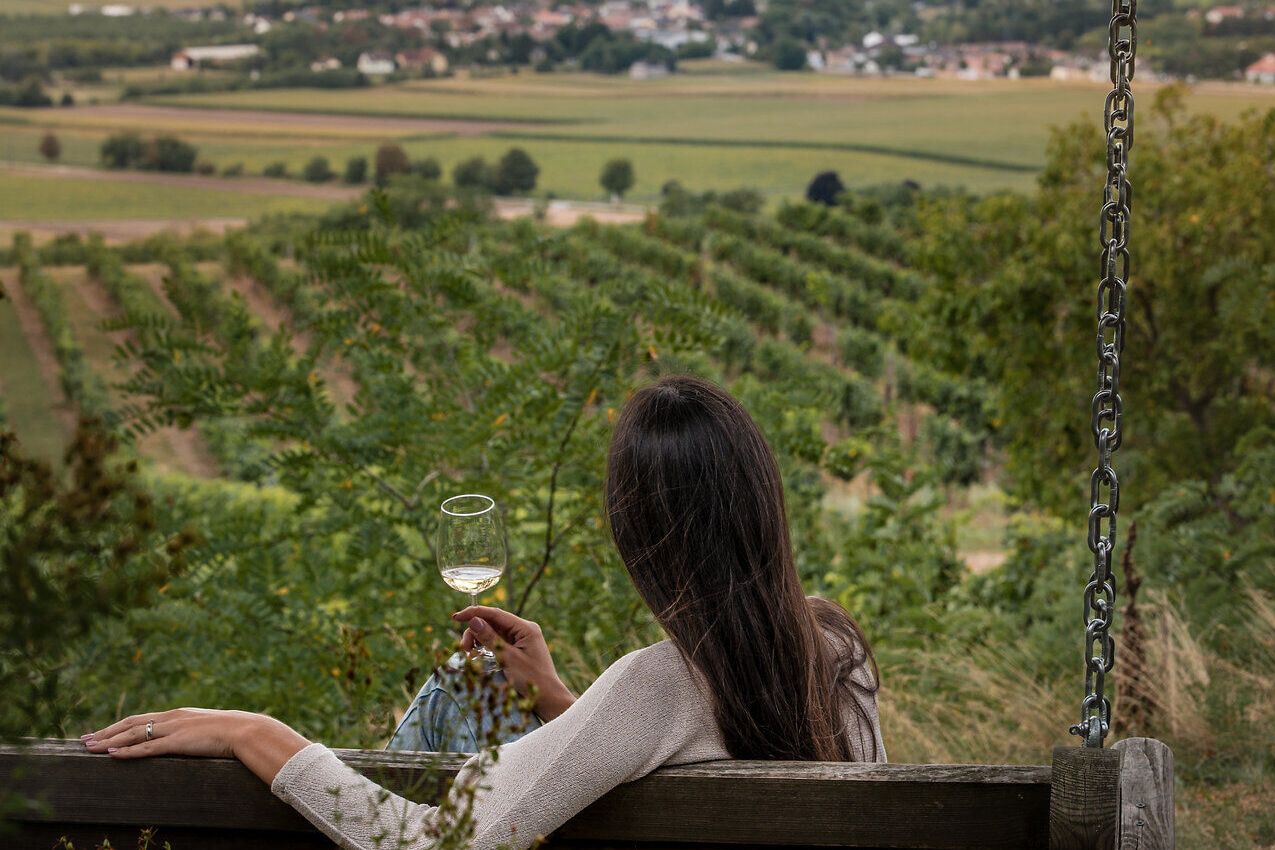 Eine Frau sitzt auf einer großen Holzschaukel und genießt den Ausblick auf die Weinviertler Landschaft mit zahlreichen Weingärten. In der Hand hält sie ein Glas Weißwein.