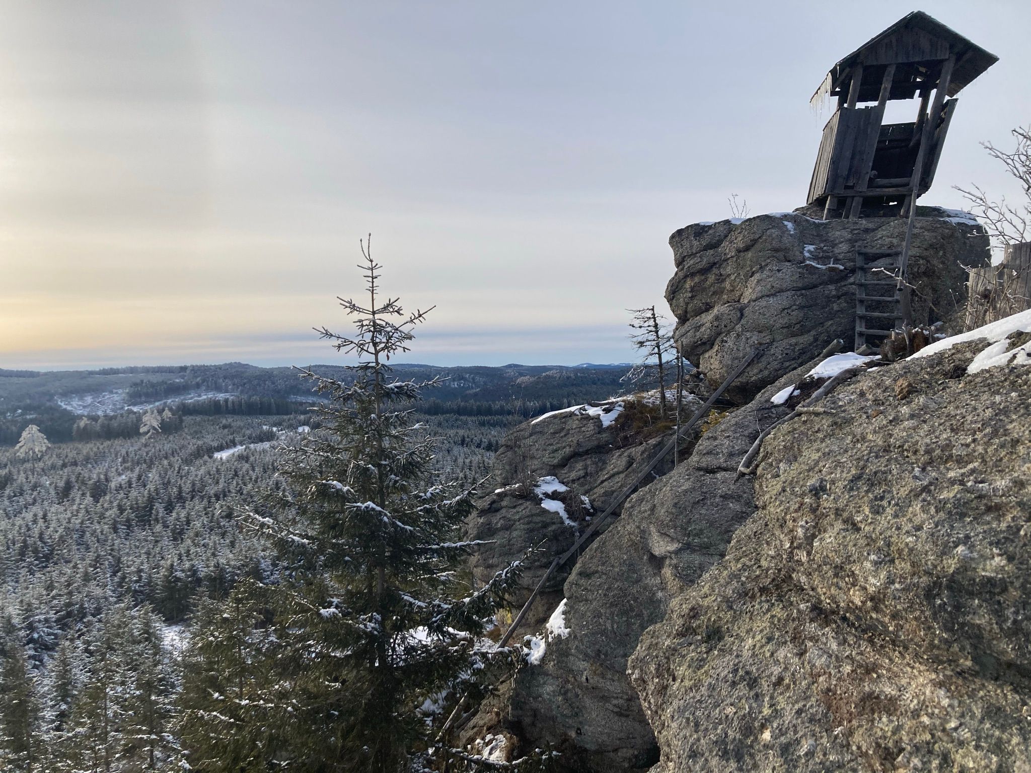 Ein Hochstand auf einem Felsen mit Blick auf eine verschneite Waldlandschaft.