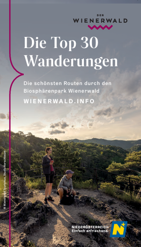 Coverbild: 2 Wandernde blicken von einem felsigen Aussichtspunkt auf die Baumkronen des Wienerwaldes. 