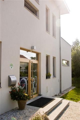 Eingang eines modernen Gebäudes mit Glas- und Holztür, Blumen im Topf und Stufen.