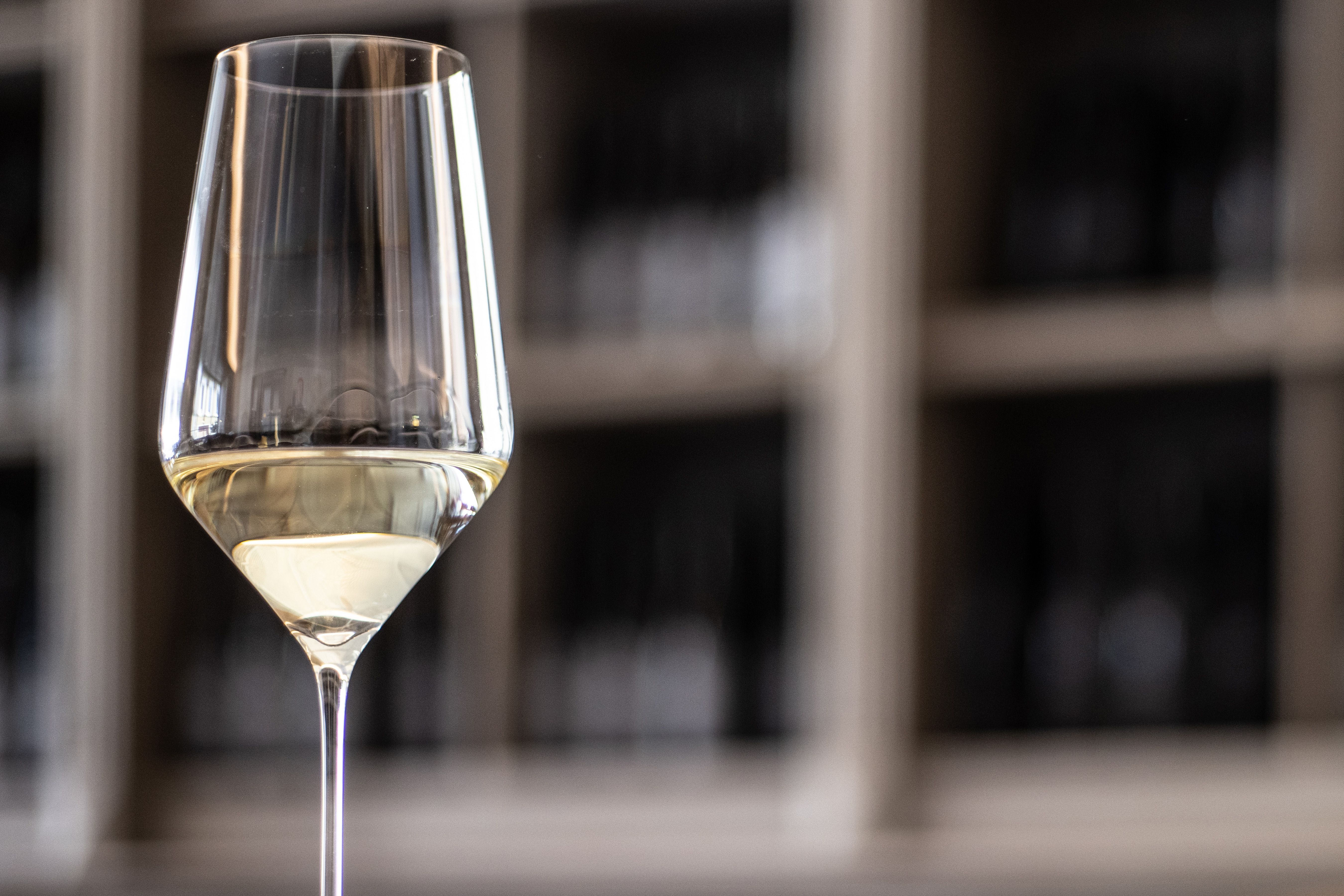 Ein Weinglas mit Weißwein vor einem unscharfen Hintergrund.