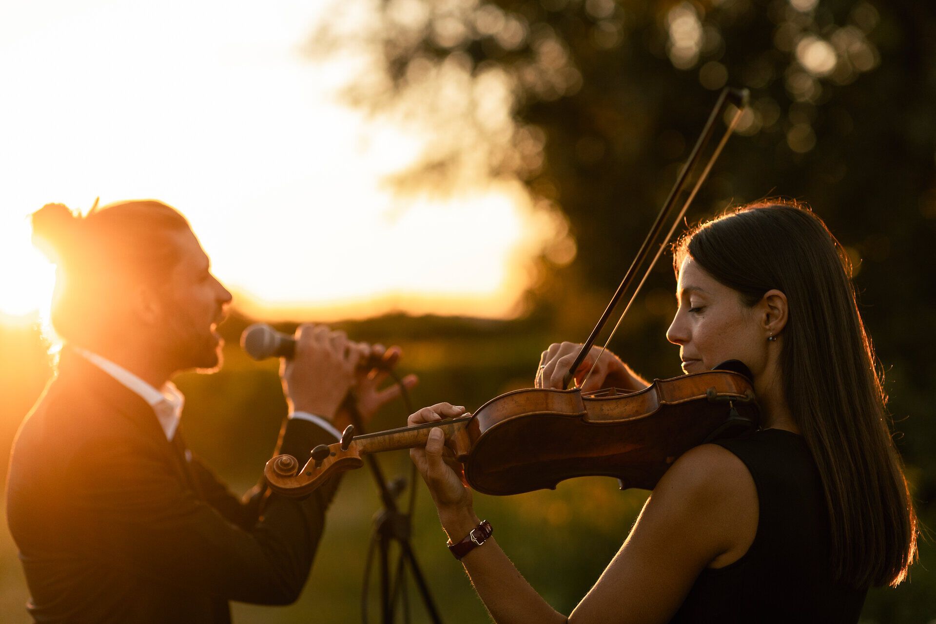 Live-Musik bei Sonnenuntergang im Weingut Herzog in Bad Vöslau, mit Sänger am Mikrofon und Geigerin im Vordergrund, eingebettet in stimmungsvolle Weinlandschaft.