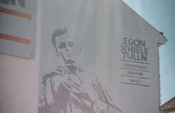 Die strahlende Sonne wirft sanfte Lichtstrahlen auf die beeindruckende Wandmalerei, die den berühmten Künstler in seiner charakteristischen Pose zeigt. Umgeben von der malerischen Kulisse des Herbstes lädt dieser Ort dazu ein, in die kreative Welt von Egon Schiele einzutauchen und die Schönheit der Donau zu genießen.