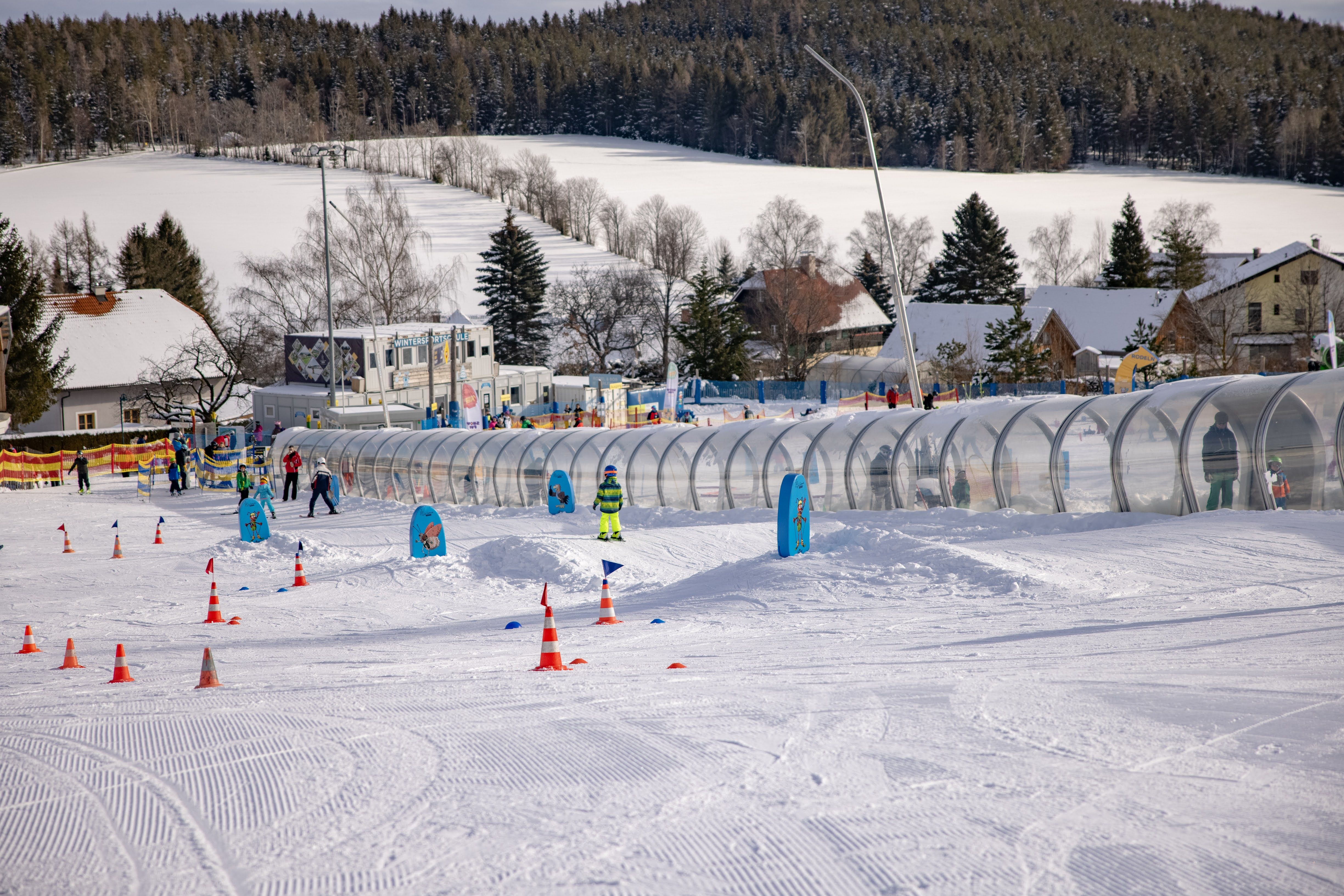 Skischule in St. Corona am Wechsel mit Kindern auf der Piste und Förderband.