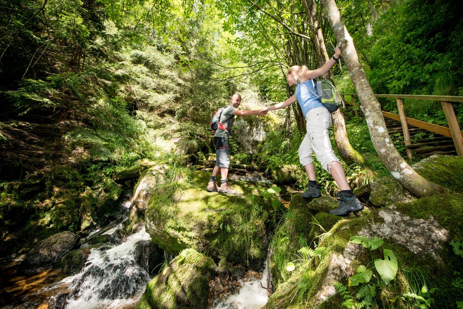 Zwei Wanderer helfen sich beim Überqueren eines Baches in einem grünen Wald.