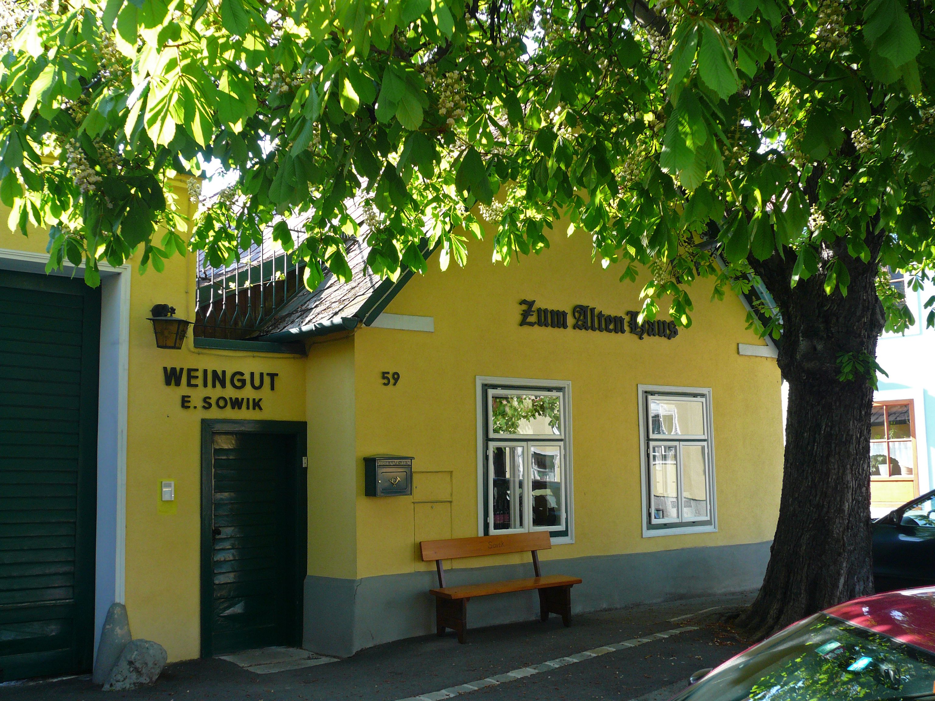 Gelbes Gebäude mit der Aufschrift 'Zum Alten Haus' und 'Weingut E. Sowik', umgeben von grünen Bäumen.
