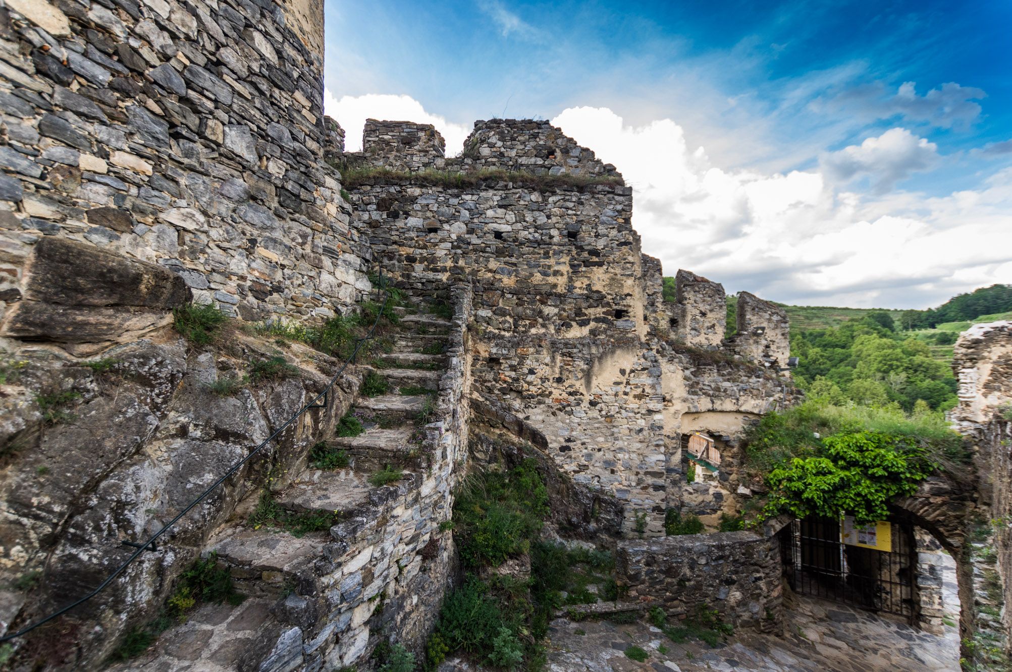 Ruinen der Burgruine Senftenberg mit steinernen Treppen und bewachsener Umgebung.