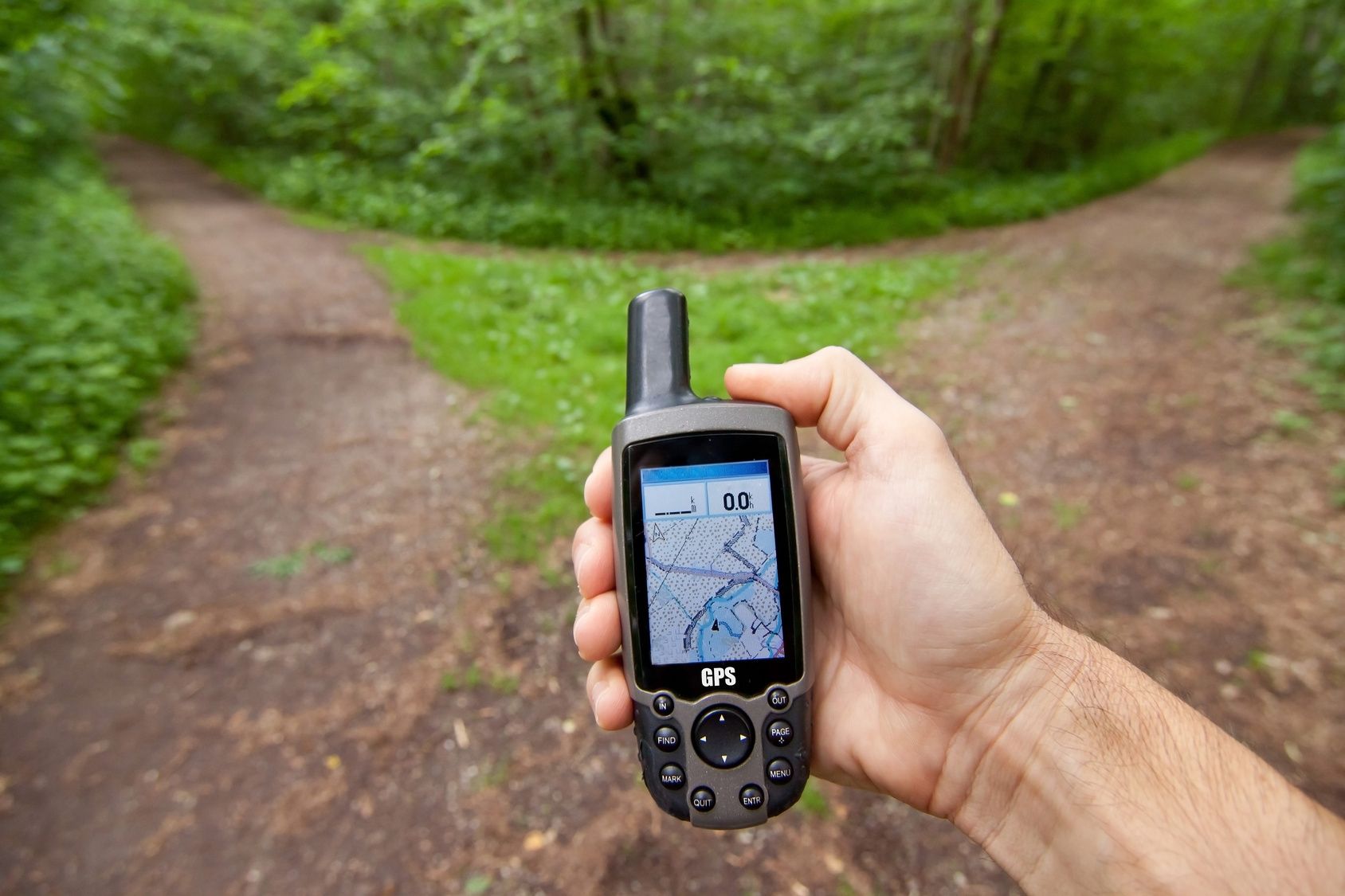 Eine Hand hält ein GPS-Gerät vor einem Weg im Wald, der sich in zwei Richtungen teilt.