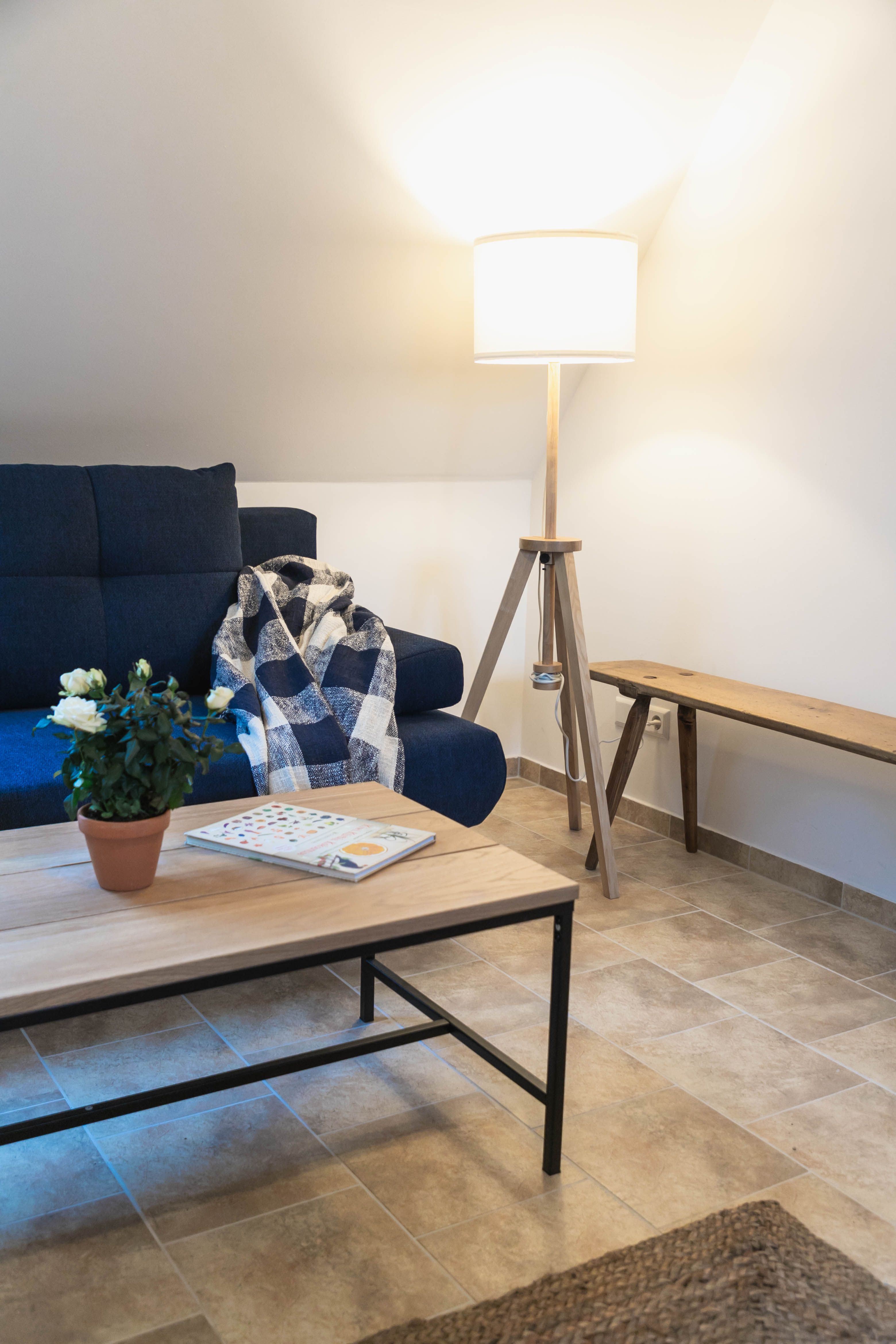Gemütliche Leseecke mit blauem Sofa, Decke, Stehlampe und Holztisch mit Pflanze und Buch.