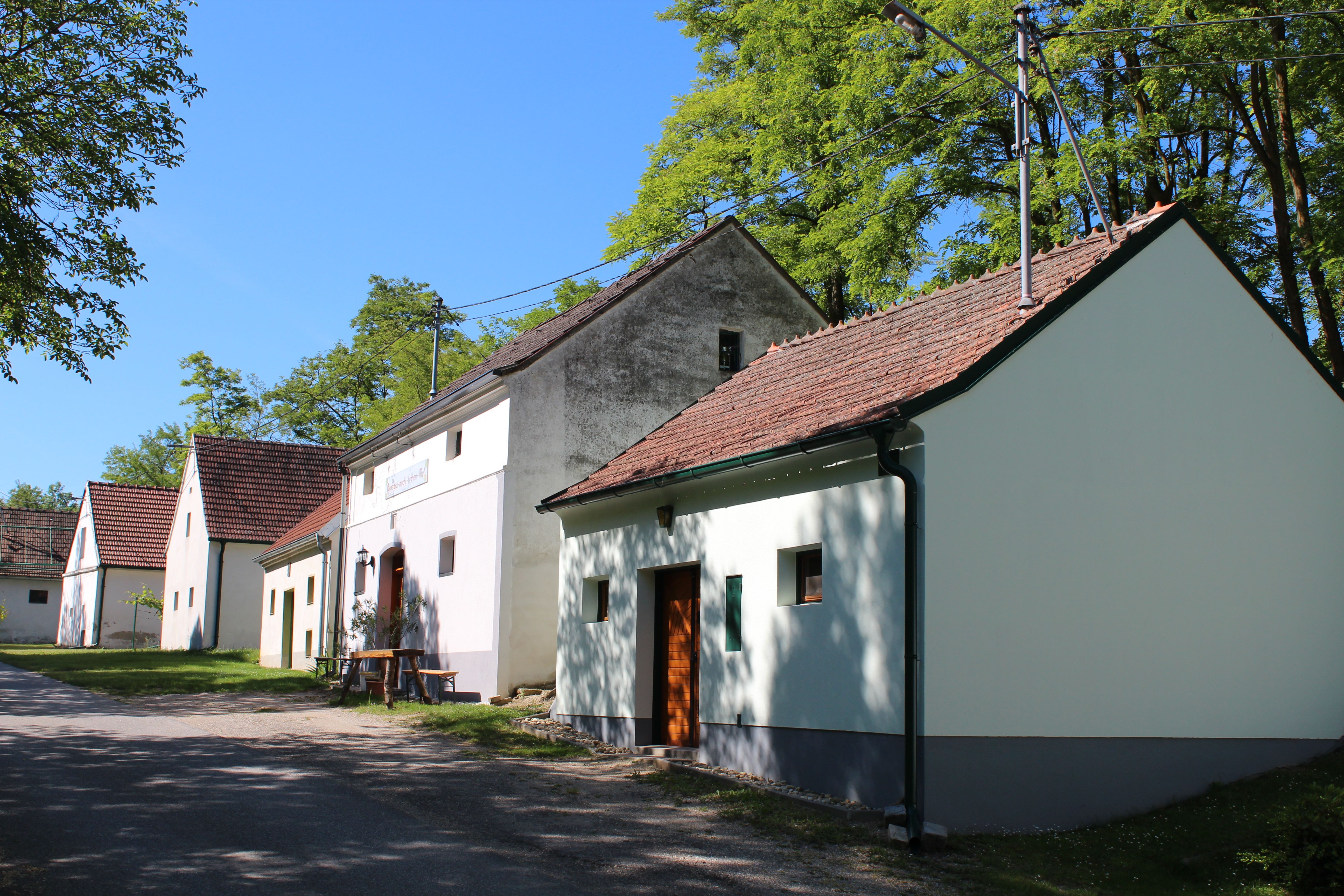 Reihe von traditionellen Weinkellern in einer ländlichen Umgebung mit Bäumen und blauem Himmel.