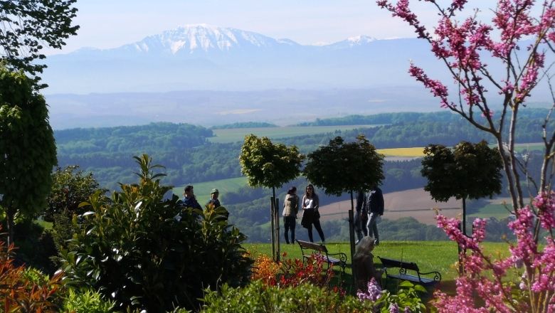 Klostergarten mit Blick auf den Ötscher und blühenden Bäumen.