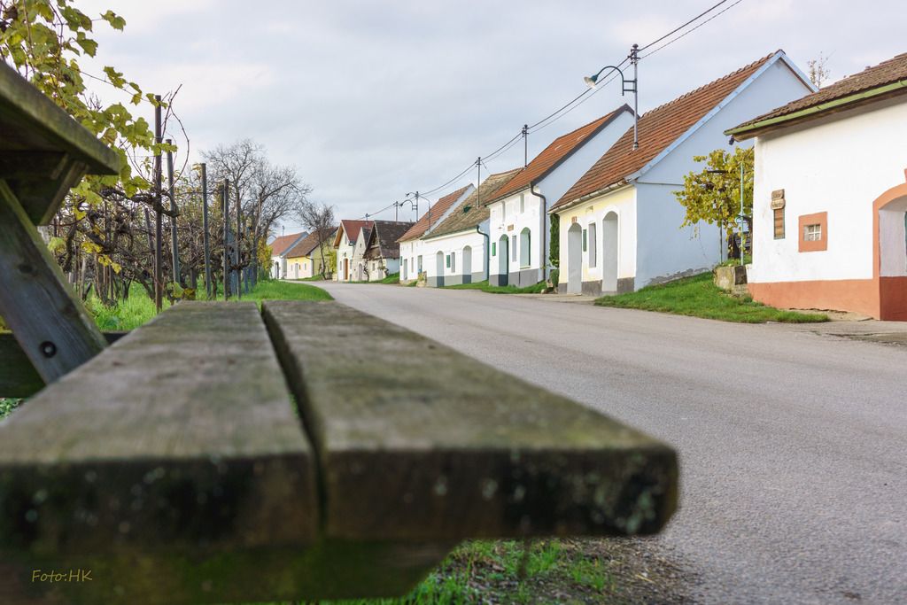 Kellergasse in Niederschleinz mit Weinkellern und einer Bank im Vordergrund.