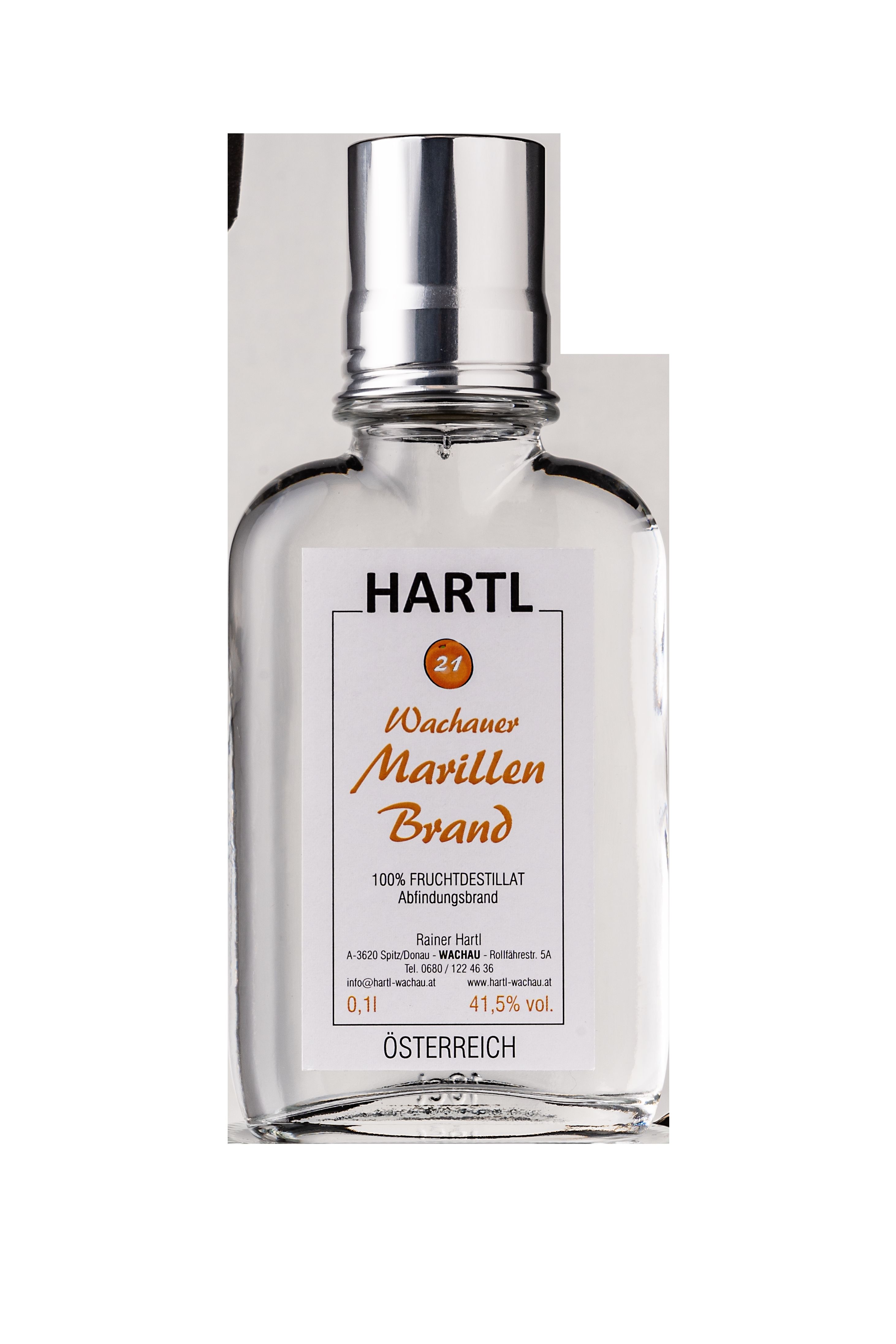 Flasche Wachauer Marillenbrand von Hartl, 41,5% vol, 0,1l.