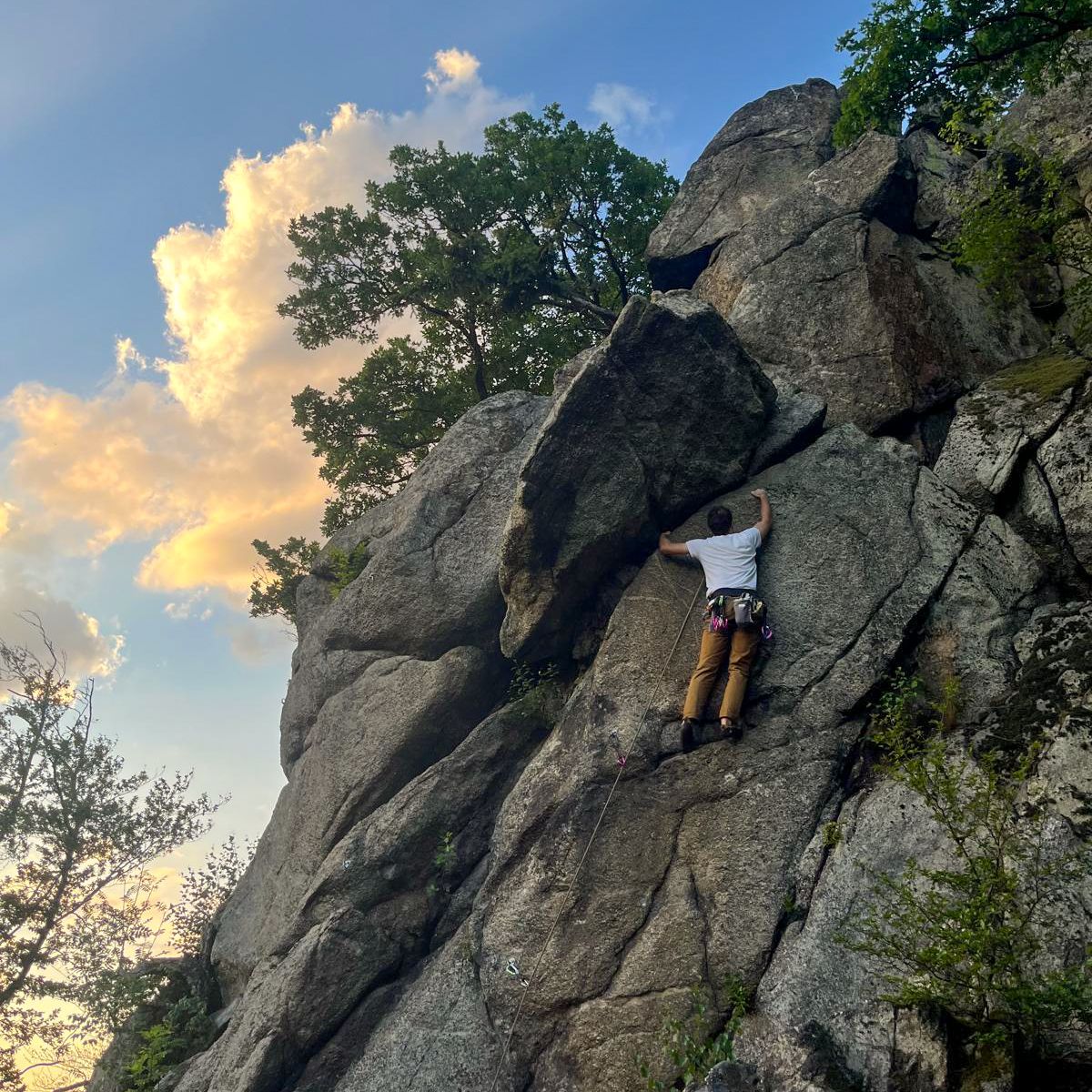 Person klettert an einer Felswand im Freien, umgeben von Bäumen und blauem Himmel mit Wolken.