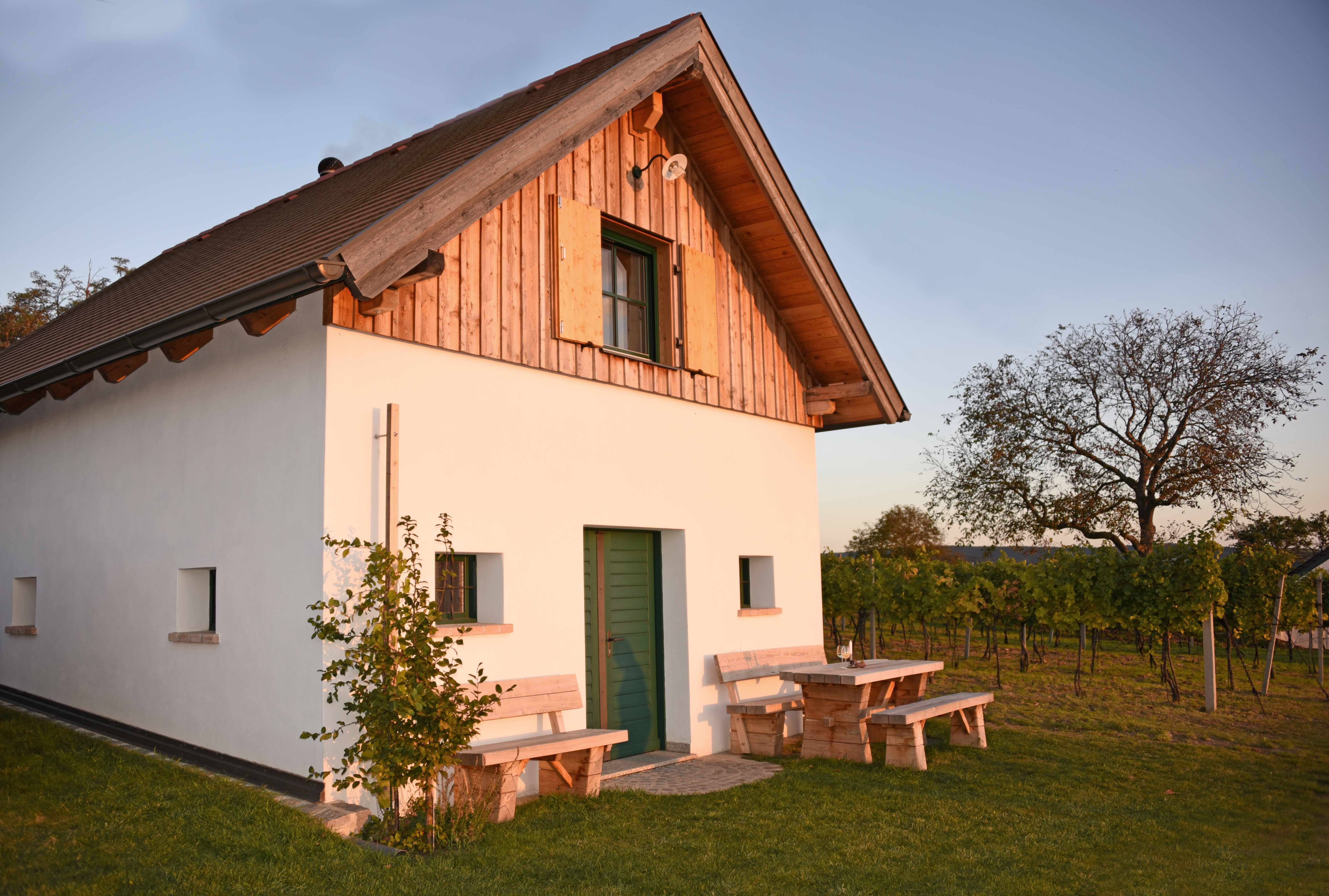 Ein kleines Haus mit Holzelementen und grüner Tür, umgeben von Weinreben und einem Baum im Sonnenuntergang.