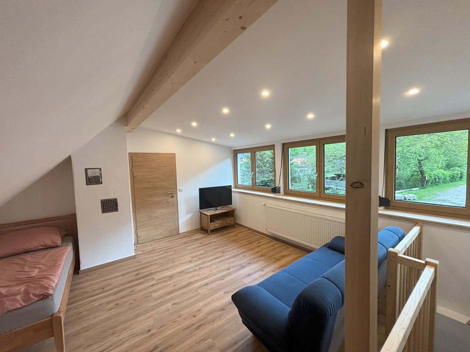 Offener Raum mit Holzboden, Bett, Sofa und Fernseher, große Fenster mit Blick ins Grüne.
