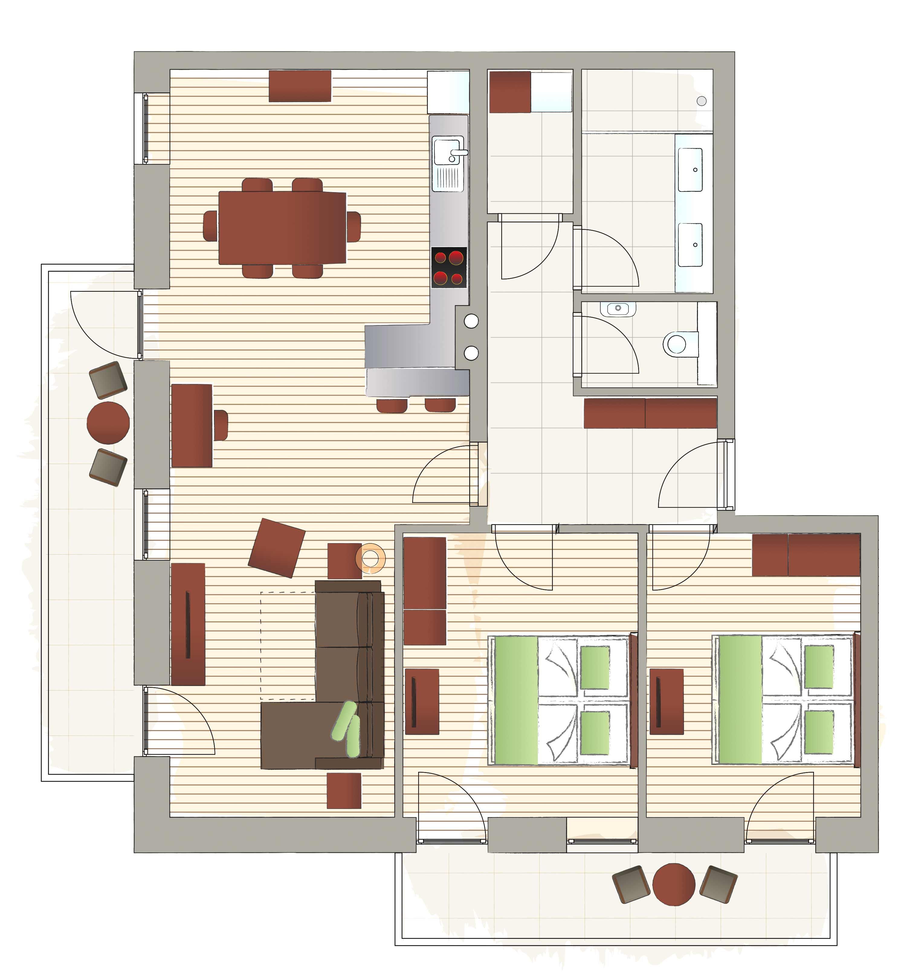 Grundriss einer Wohnung mit zwei Schlafzimmern, Wohnzimmer, Küche und Bad.