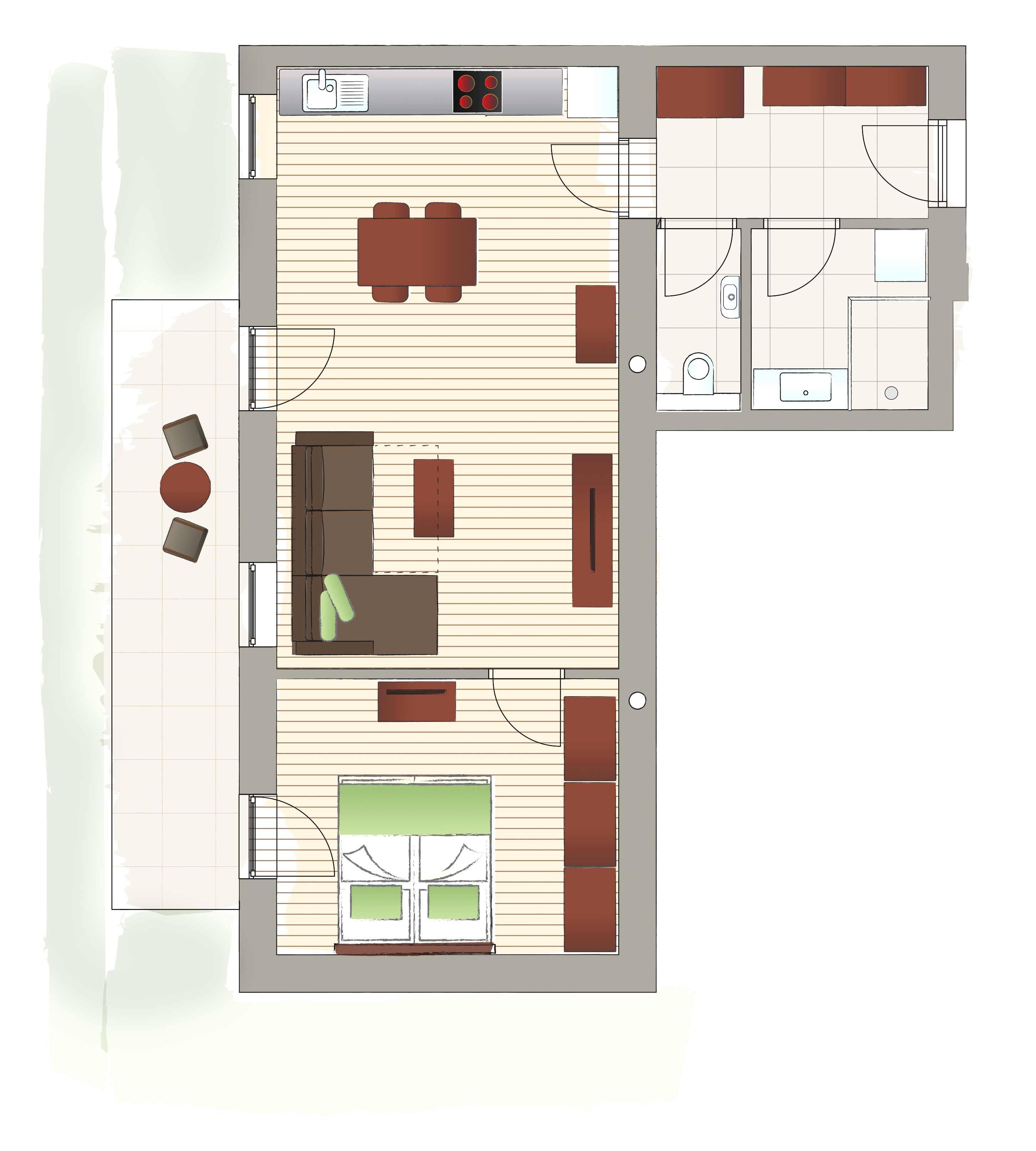 Grundriss einer Wohnung mit Wohnzimmer, Küche, Schlafzimmer, Bad und Balkon.