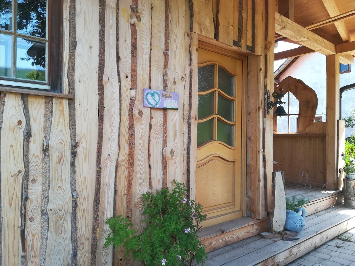 Eingang eines rustikalen Holzgebäudes mit dekorativer Tür und Pflanzen.
