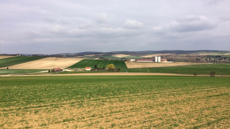 Landschaft mit Feldern und Bauernhof in der Ferne.
