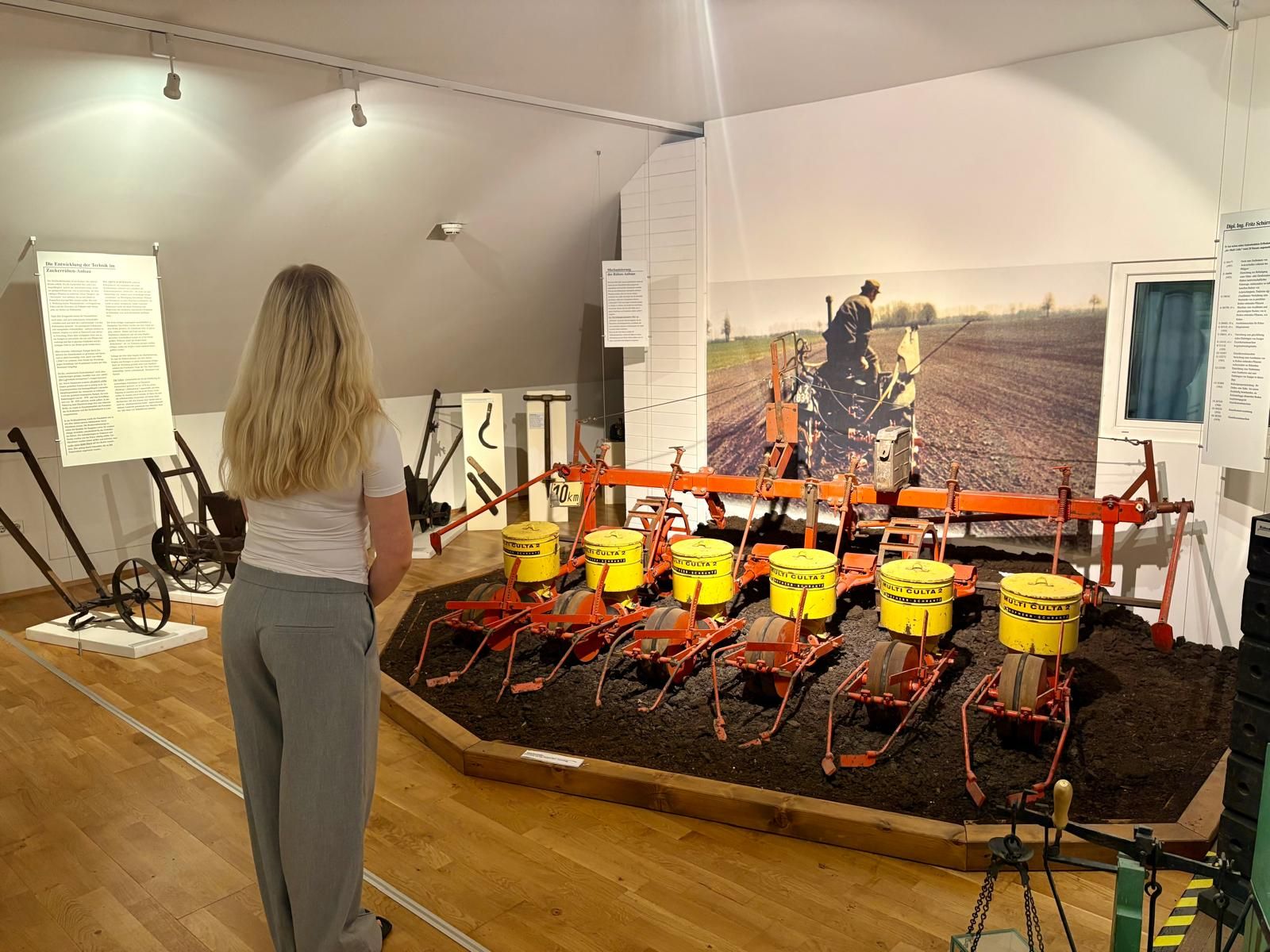 Eine Frau betrachtet eine landwirtschaftliche Ausstellung im Zuckermuseum.