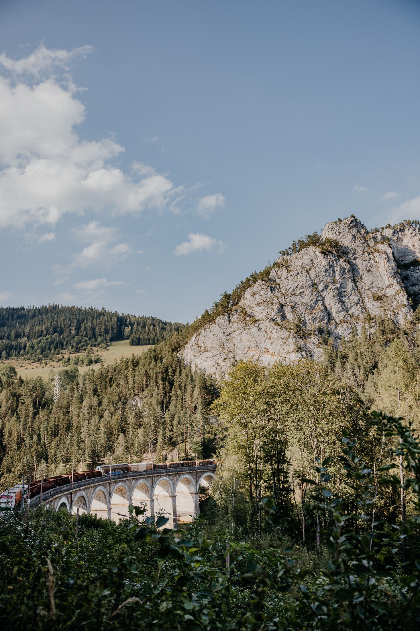 Semmeringbahnwanderweg mit Eisenbahnviadukt, Güterzug, Felsen und Wald in den Wiener Alpen.