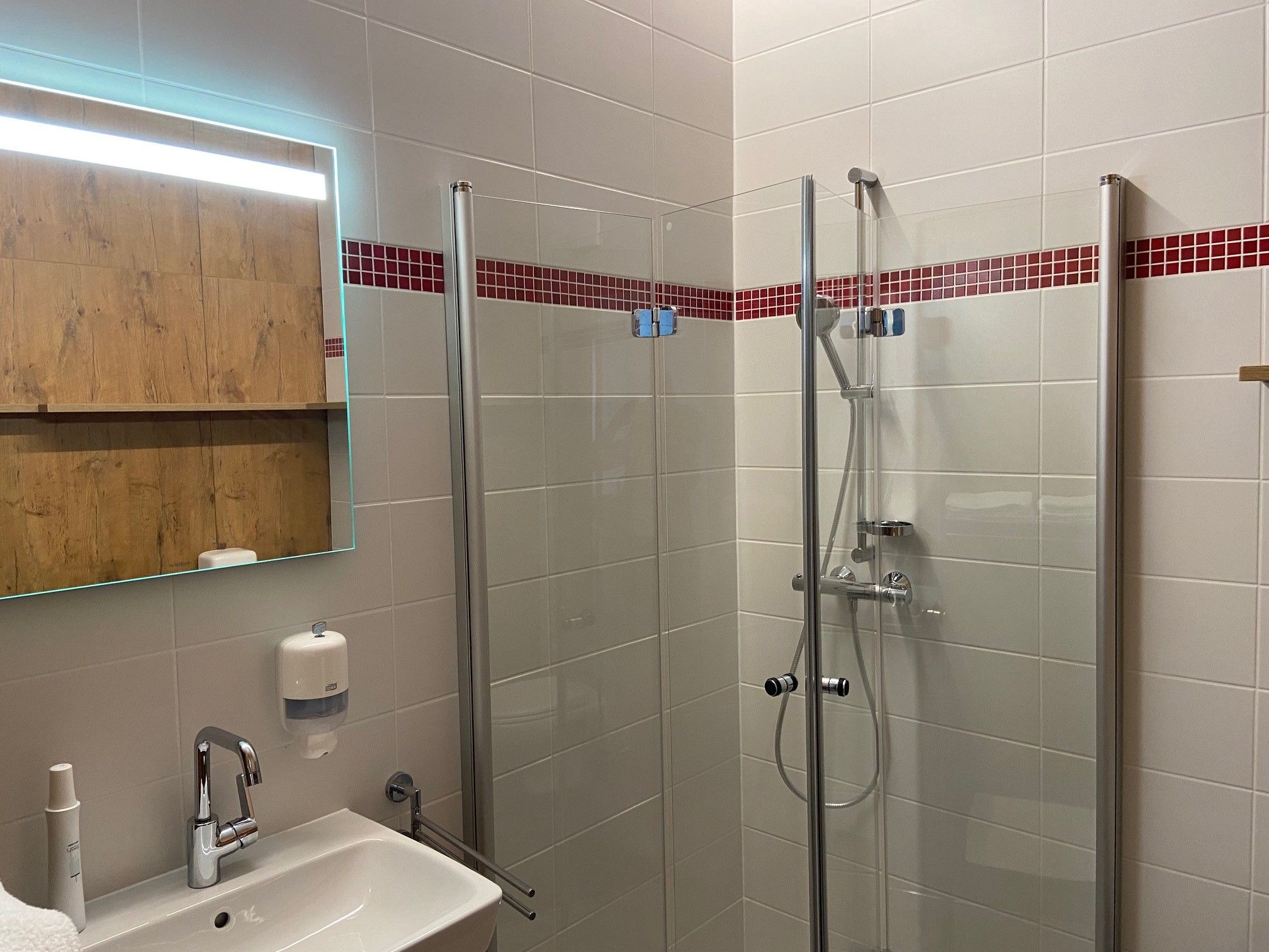 Modernes Badezimmer mit Dusche, Waschbecken und Spiegel.