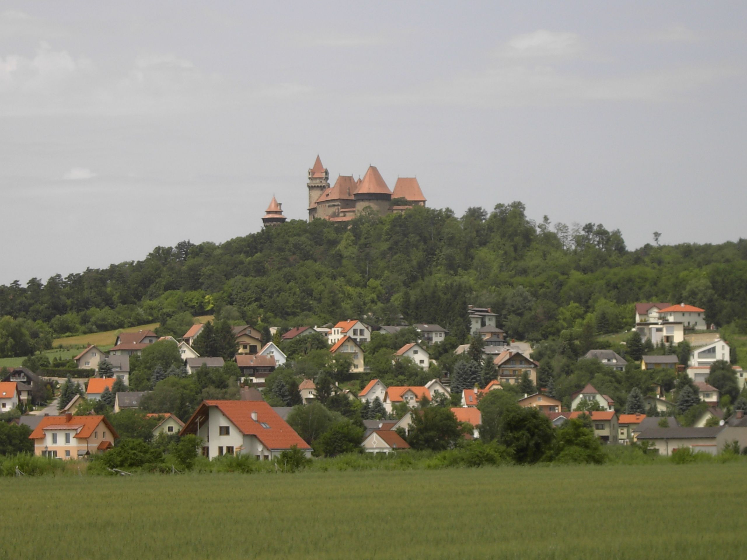Burg Kreuzenstein auf einem Hügel über der Ortschaft Leobendorf, umgeben von grünen Bäumen und Häusern.