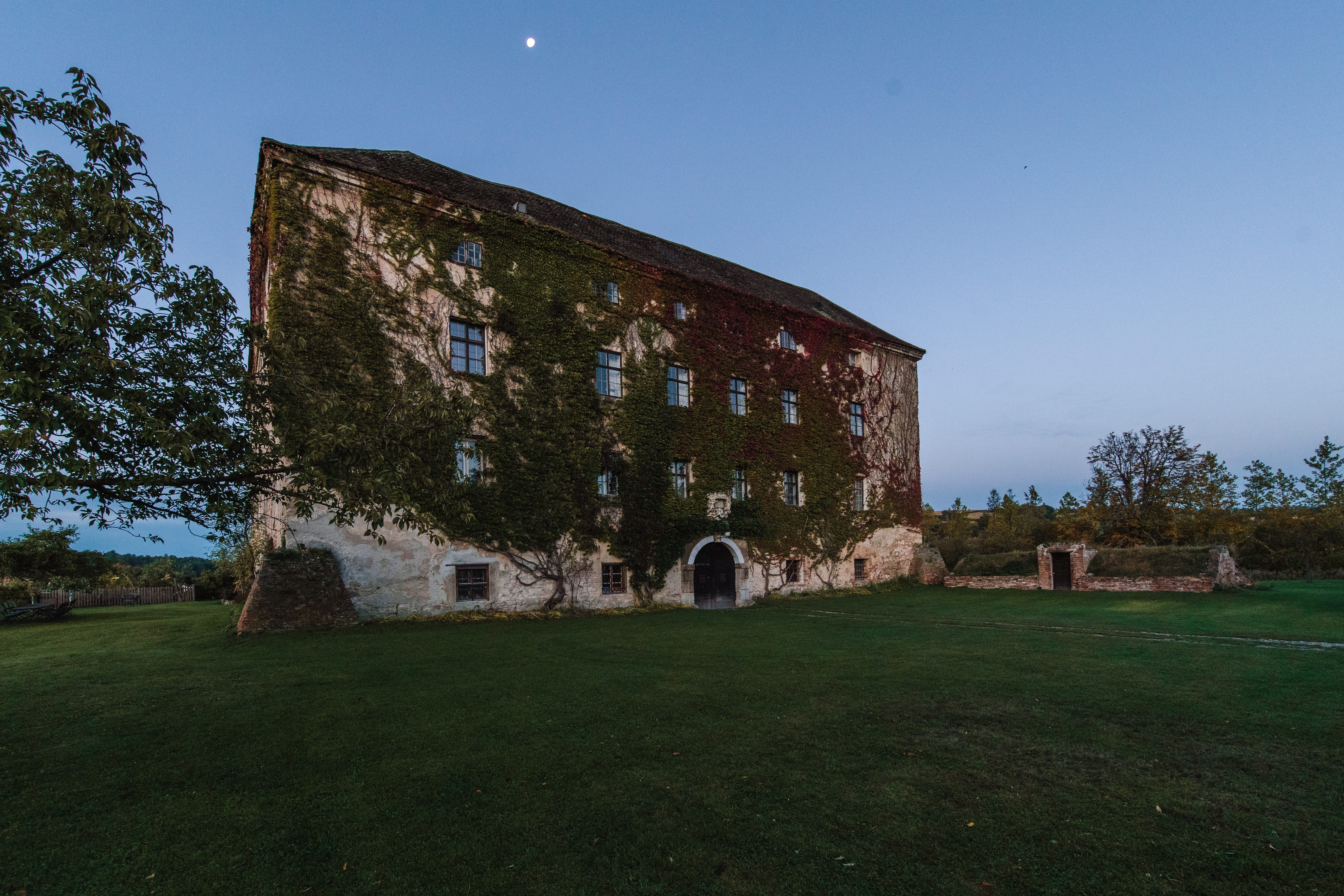 Altes Gebäude mit Efeu bewachsen, umgeben von Wiese und Bäumen, bei Dämmerung mit Mond am Himmel.