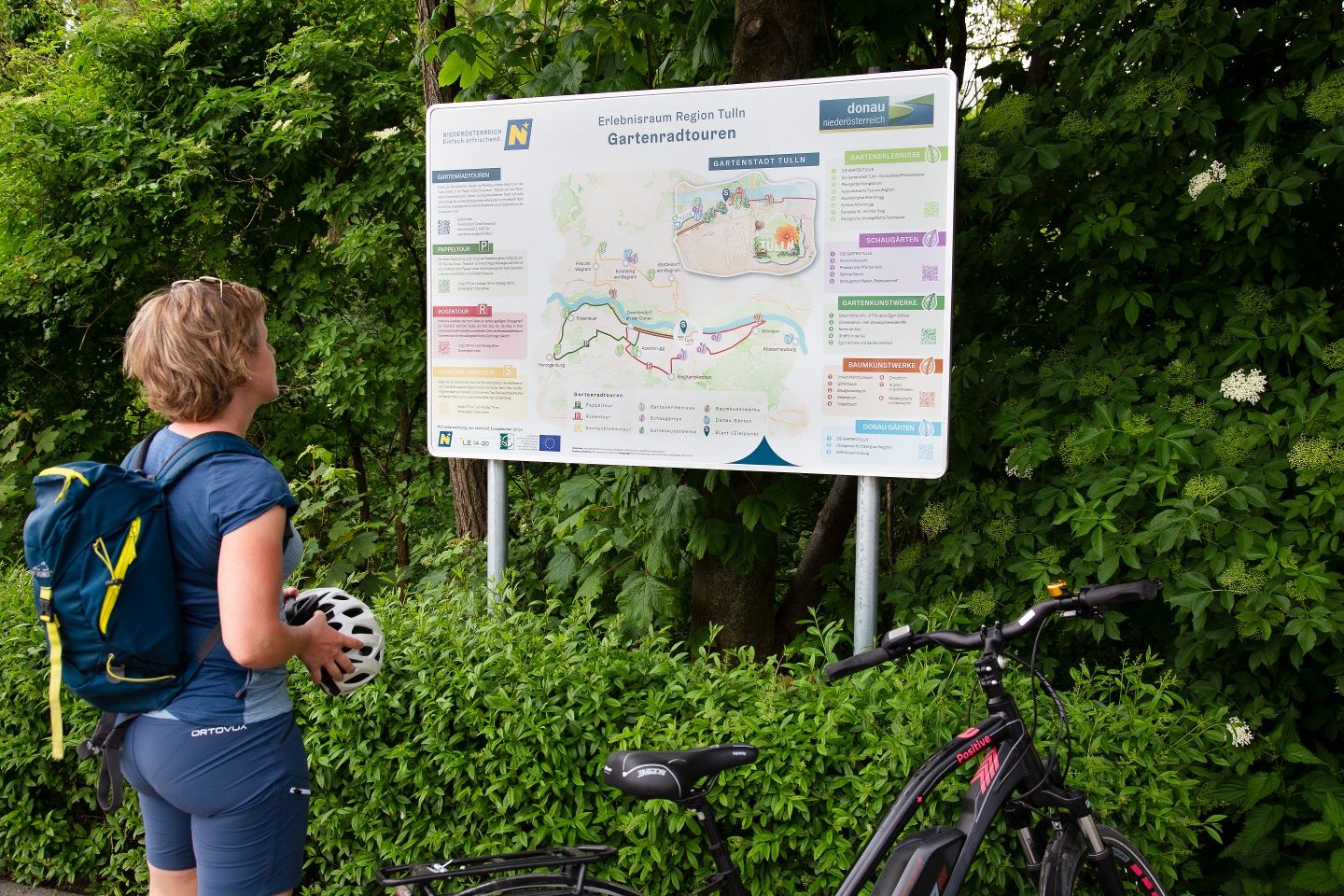 Eine Frau mit Fahrradhelm und Rucksack betrachtet eine Infotafel an der Donaulände in Tulln, umgeben von grüner Vegetation.