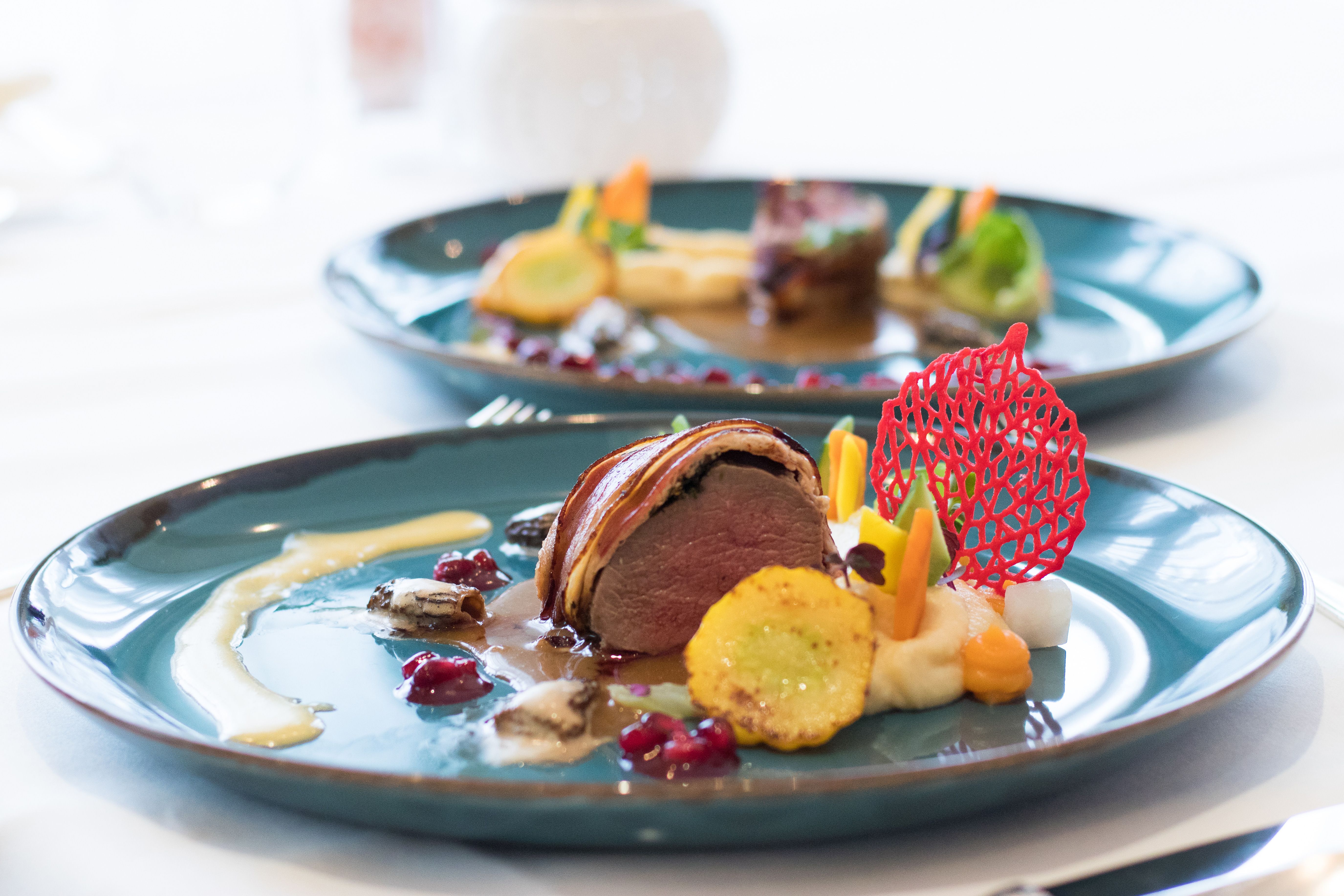 Ein kunstvoll angerichtetes Gericht mit Rehrücken auf einem blauen Teller, dekoriert mit Gemüse und einer roten Netz-Garnitur.