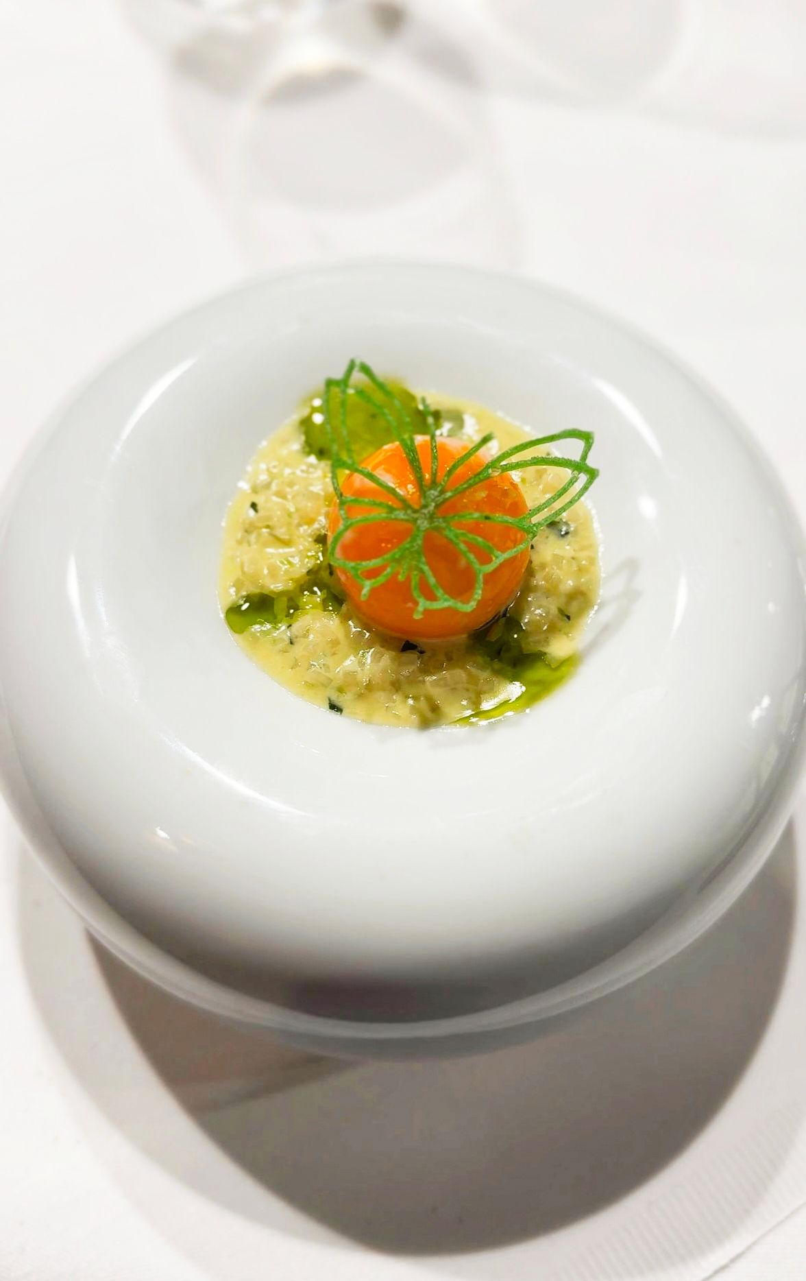 Ein elegantes Gericht auf einem weißen Teller, bestehend aus einer orangefarbenen Kugel auf einer cremigen Sauce, garniert mit grünen Blättern.