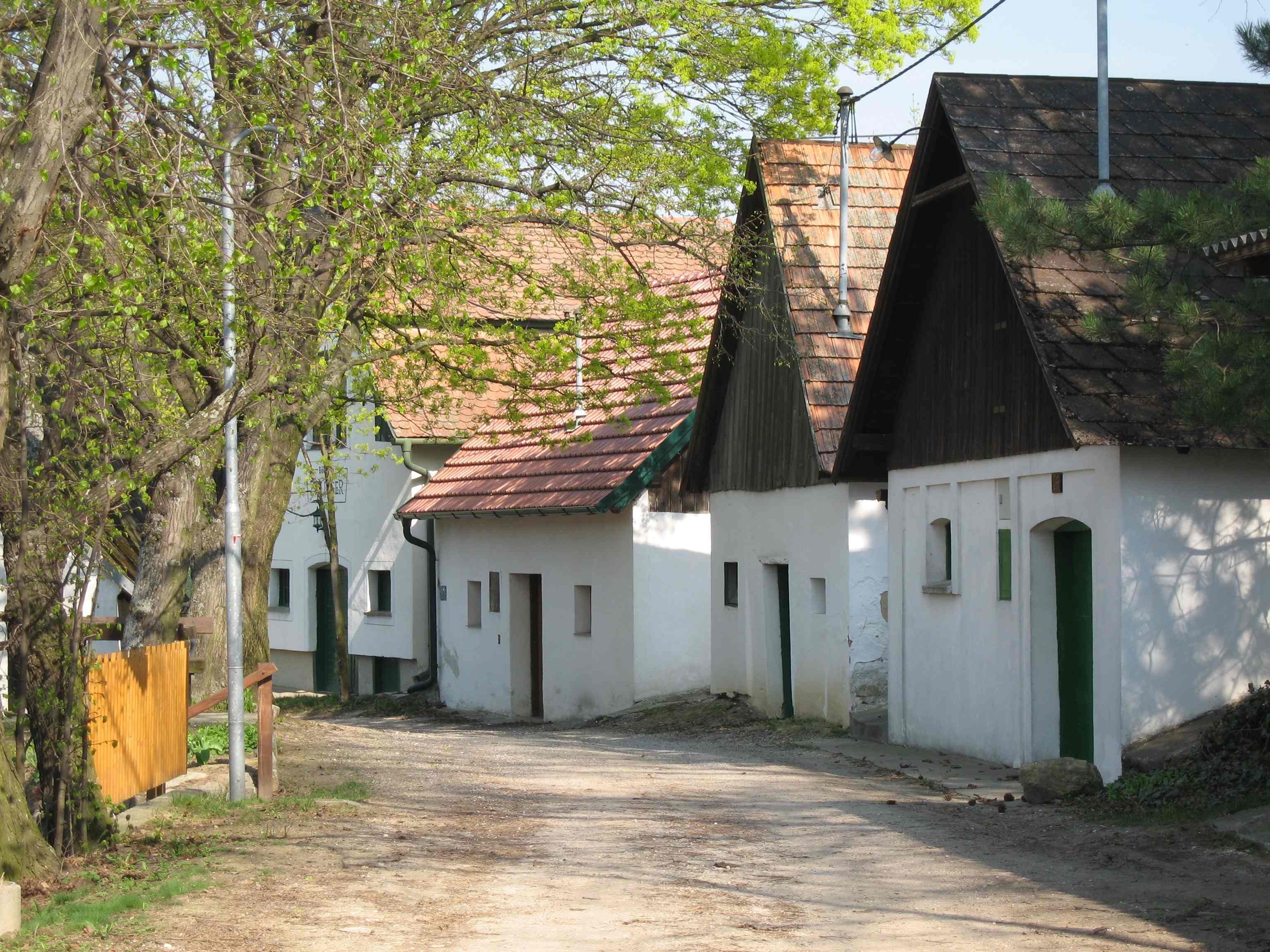 Eine malerische Gasse mit traditionellen weißen Häusern und grünen Türen, umgeben von Bäumen mit frischem Frühlingslaub.