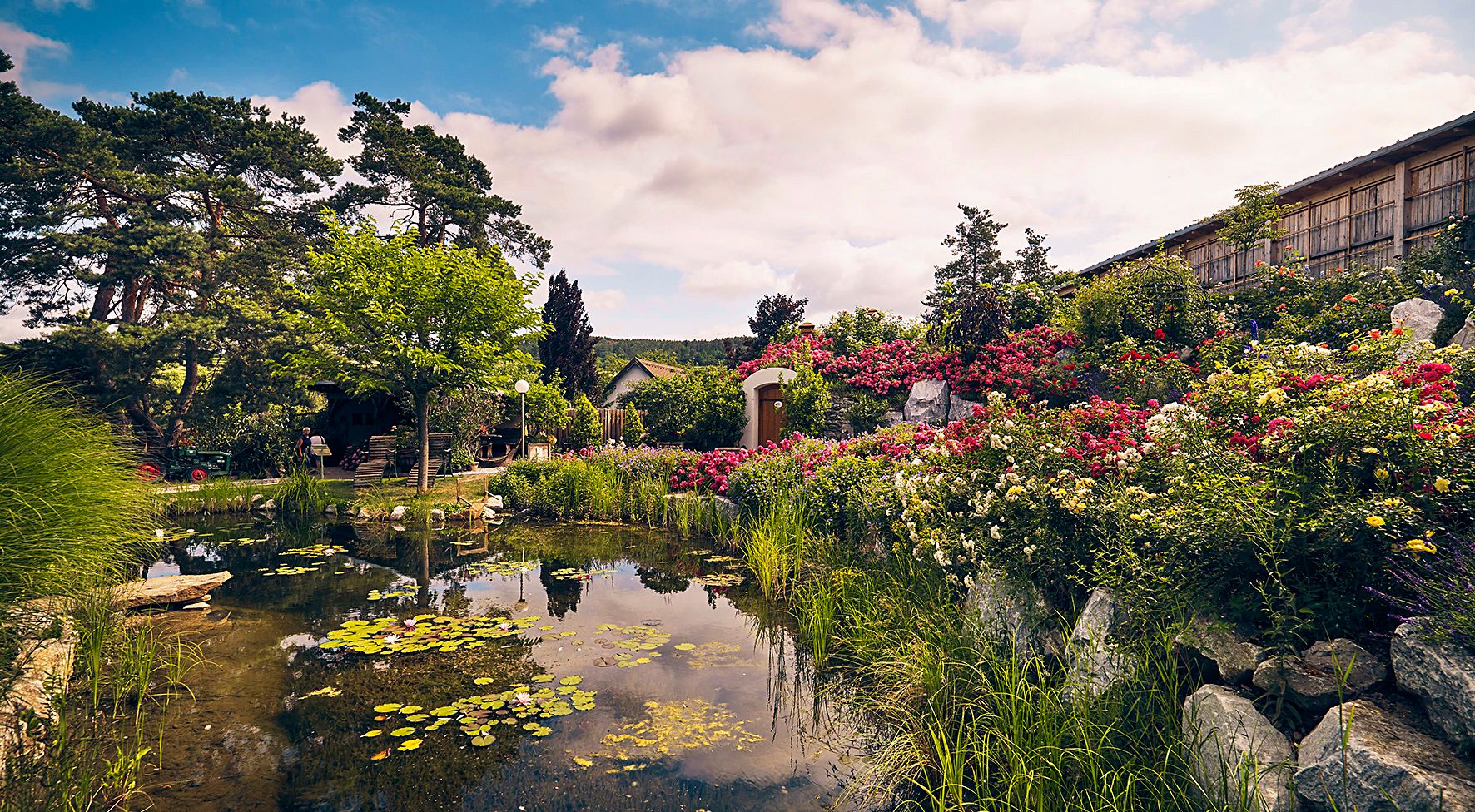 Ein malerischer Garten mit Teich, bunten Blumen und Bäumen unter einem blauen Himmel.