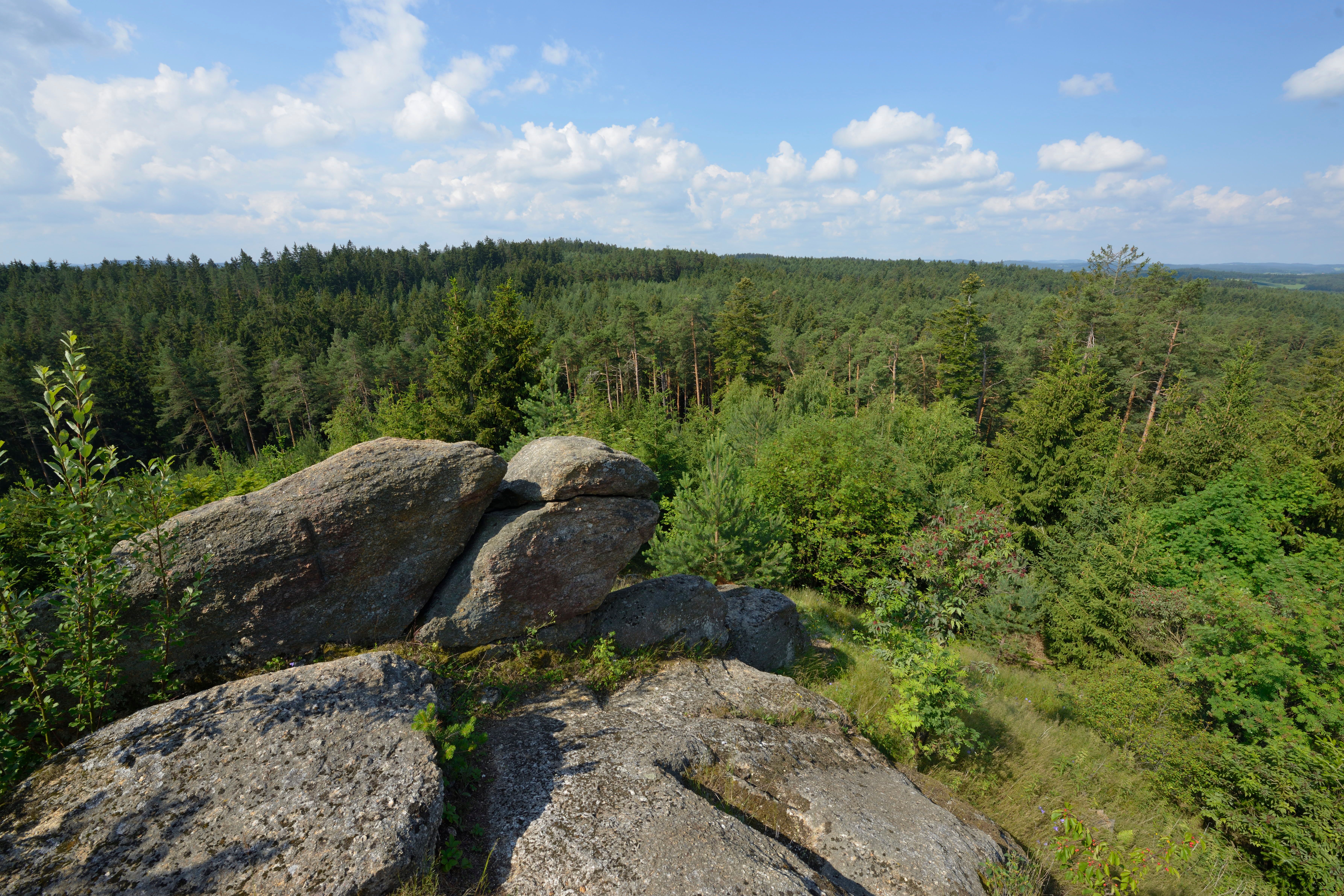 Felsen und Waldlandschaft unter blauem Himmel mit Wolken.