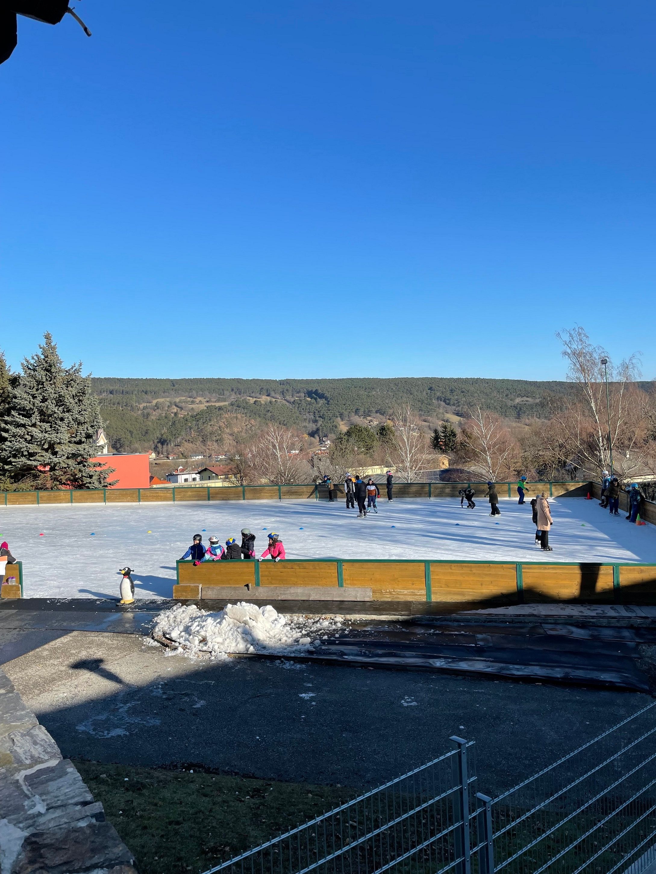 Eislaufplatz mit Menschen, umgeben von Bäumen und Hügeln unter blauem Himmel.