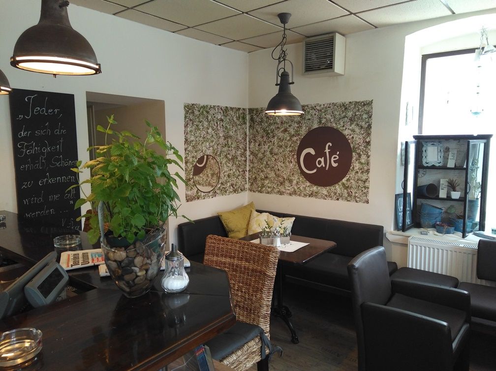 Gemütliches Café mit Pflanzen, Sitzgelegenheiten und Dekorationen.