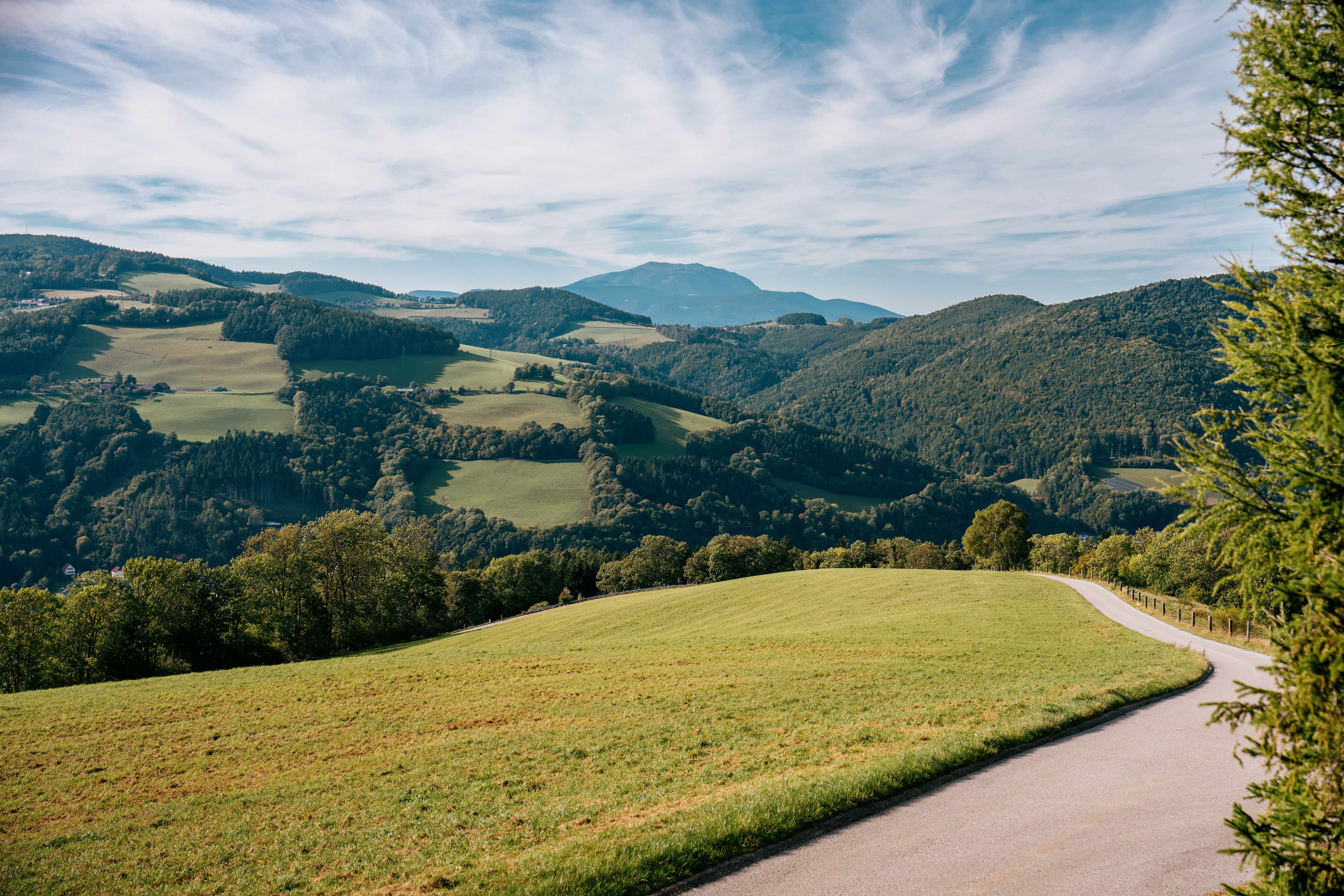 Panoramablick auf eine hügelige Landschaft mit grünen Wiesen und bewaldeten Hügeln unter einem blauen Himmel.