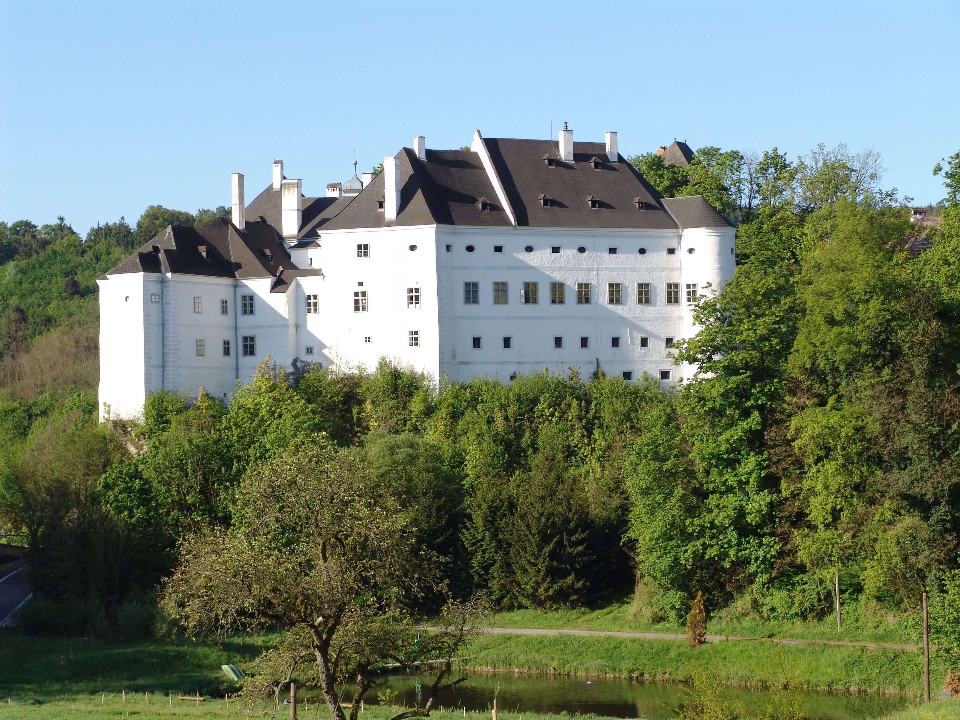 Europaschloss Leiben, ein weißes Schloss umgeben von Bäumen und Natur.