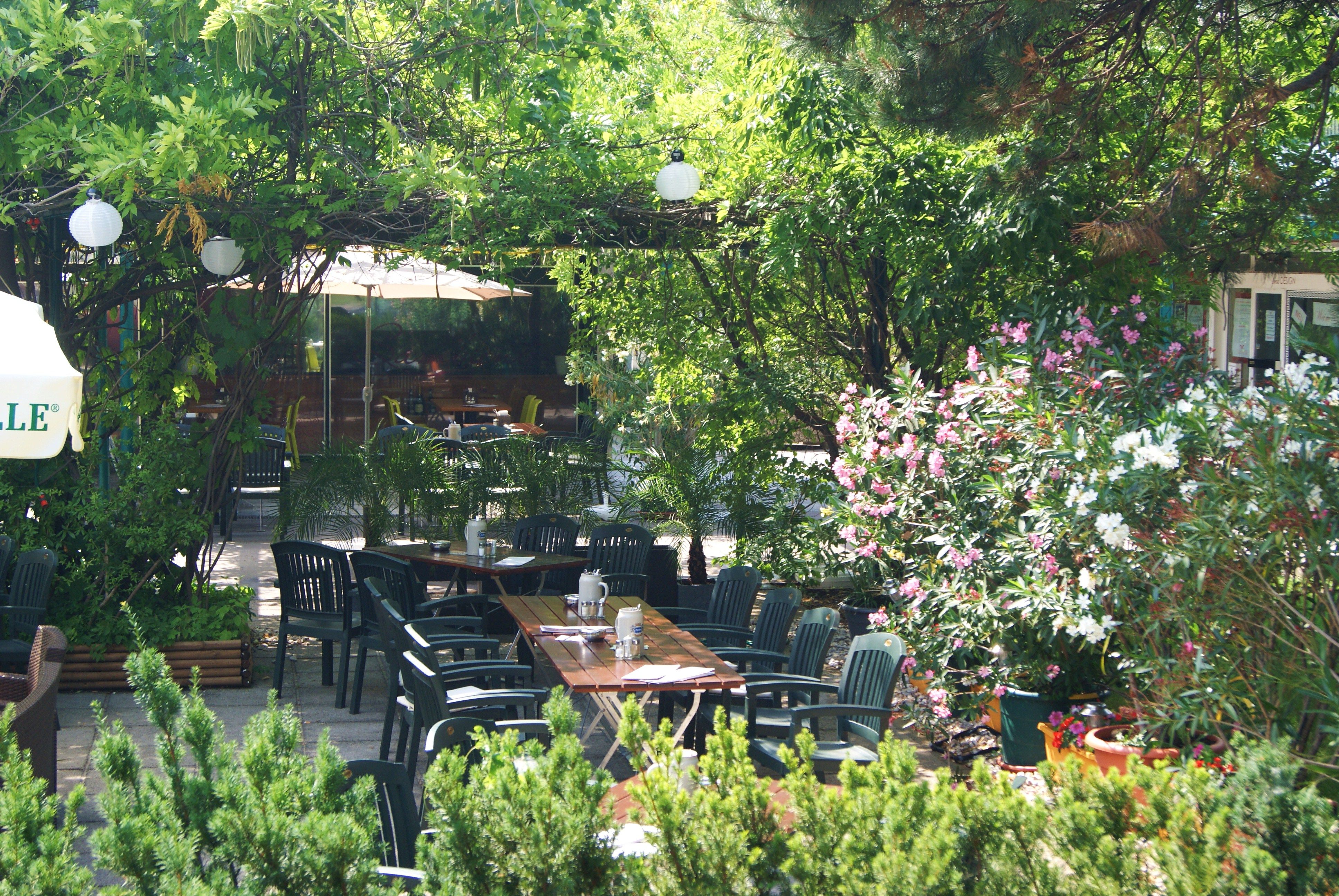Ein grüner Garten mit Tischen und Stühlen, umgeben von Bäumen und blühenden Sträuchern.