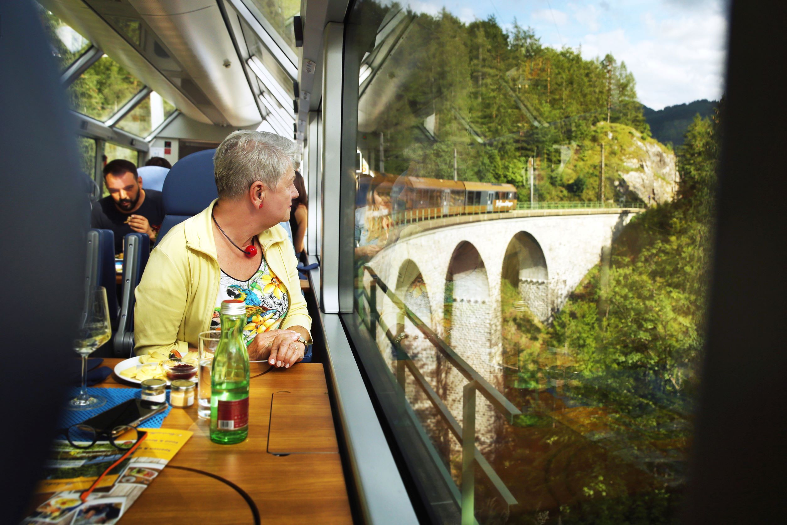 Eine Frau sitzt in einem Panoramawagen und schaut aus dem Fenster auf eine Brücke in einer grünen Landschaft.