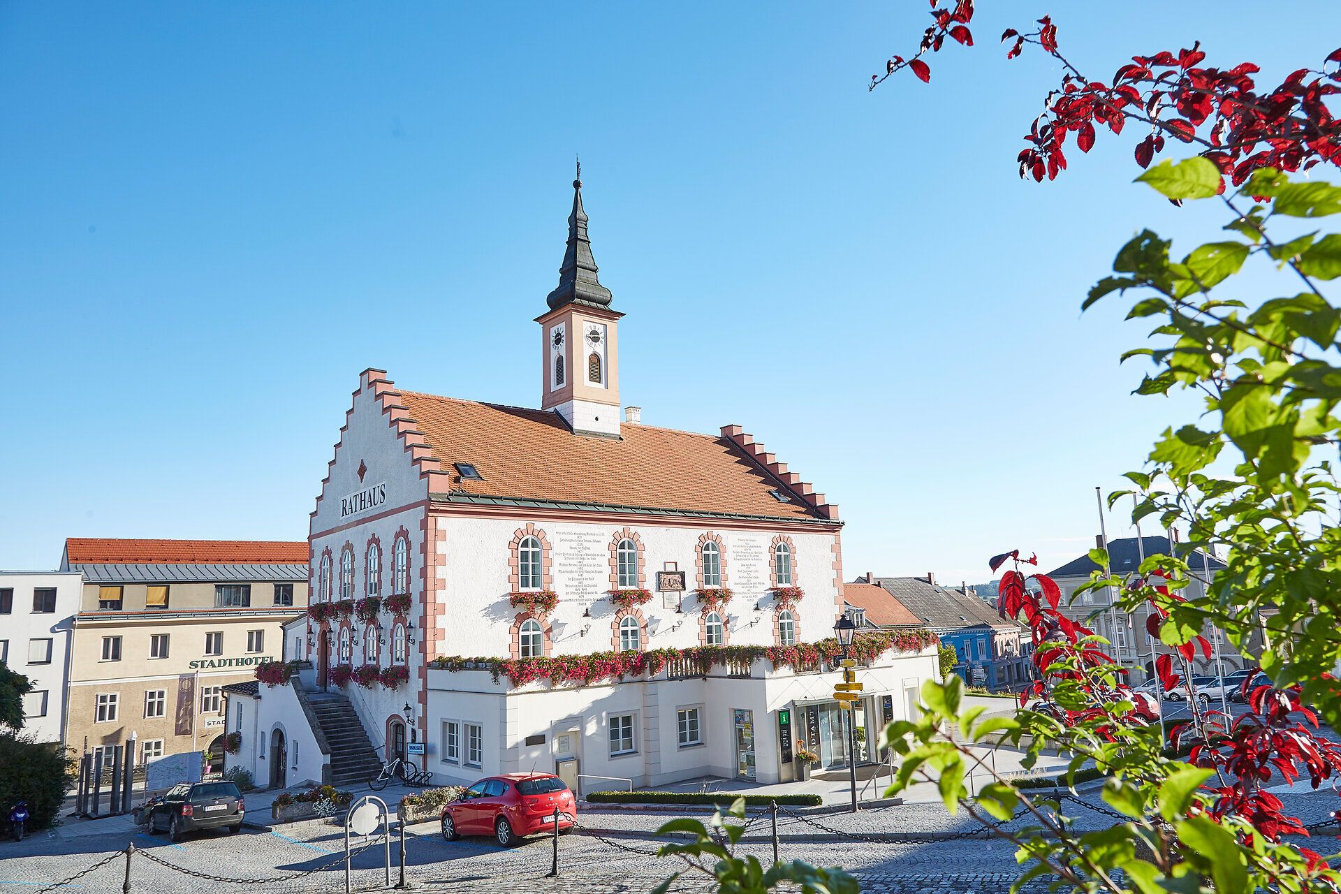 Rathaus von Waidhofen an der Thaya mit blühenden Pflanzen im Vordergrund.