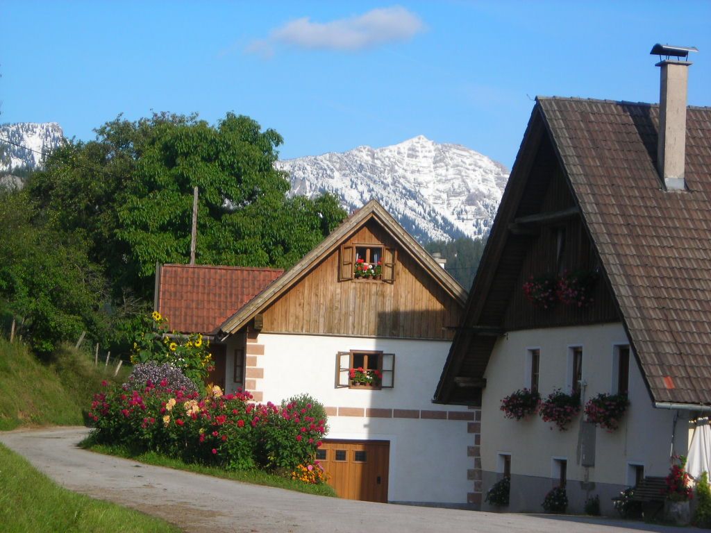 Ein Ferienhaus mit Blumen und Berg im Hintergrund.