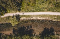 Zwei Radfahrerinnen fahren entlang des Radwegs neben einem Fluss.