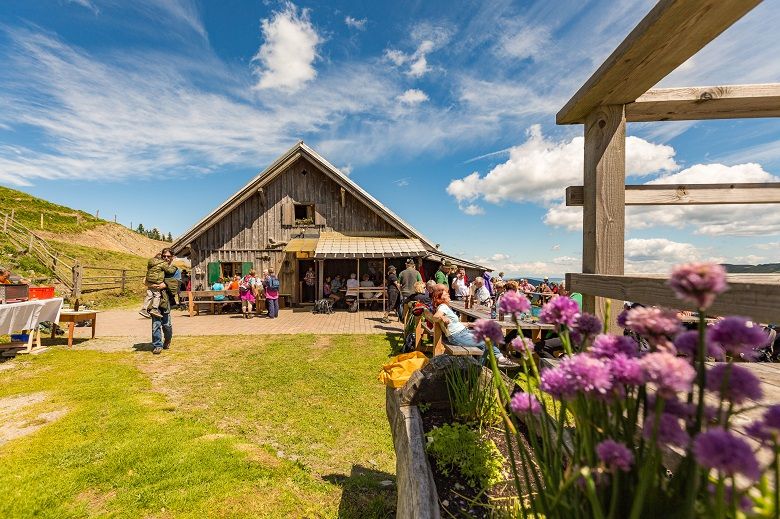 Eine Almhütte mit Menschen, die draußen sitzen, umgeben von Blumen und Wiesen unter einem blauen Himmel.